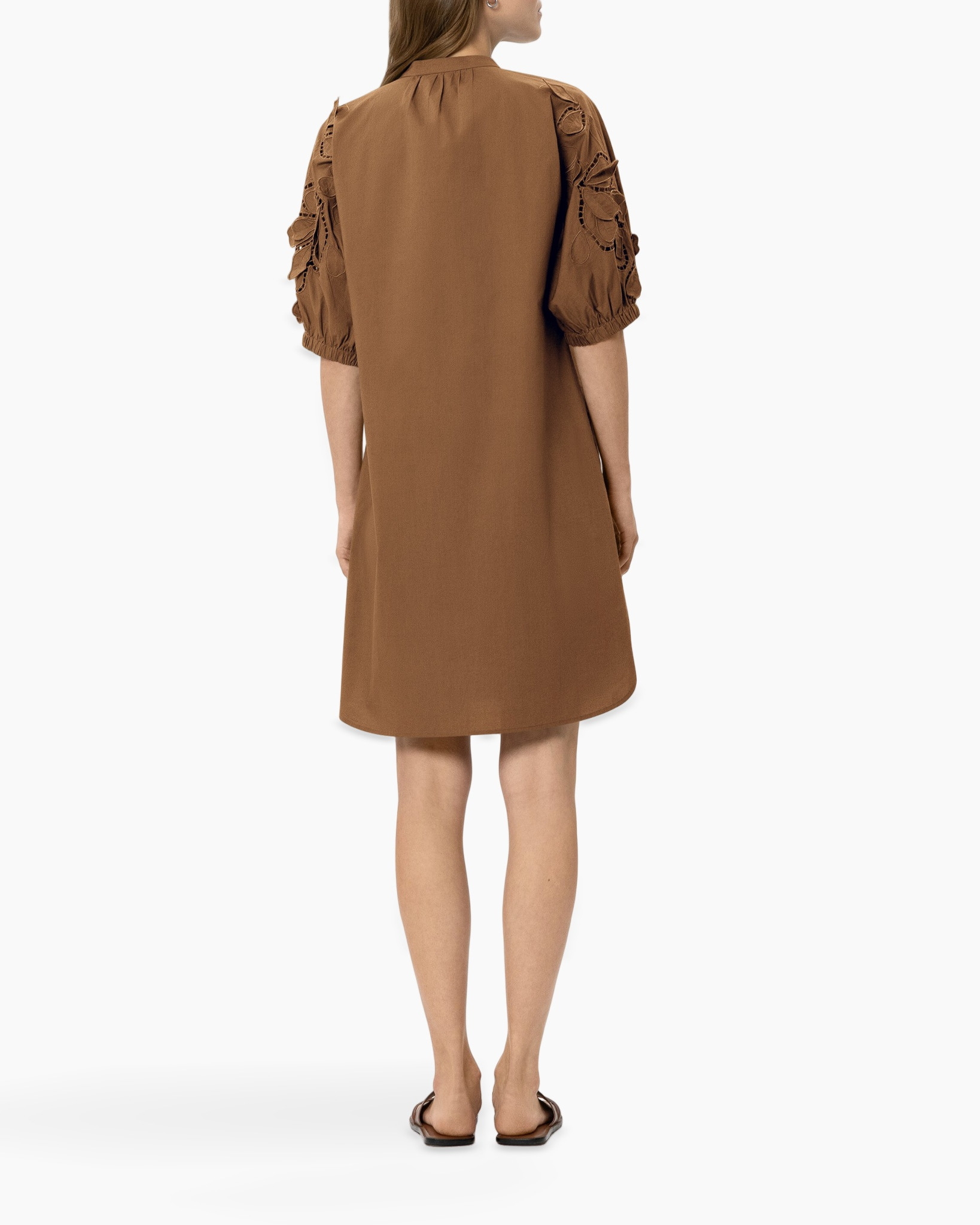tunic, brown, linen look, tie neckline, embroidered sleeves