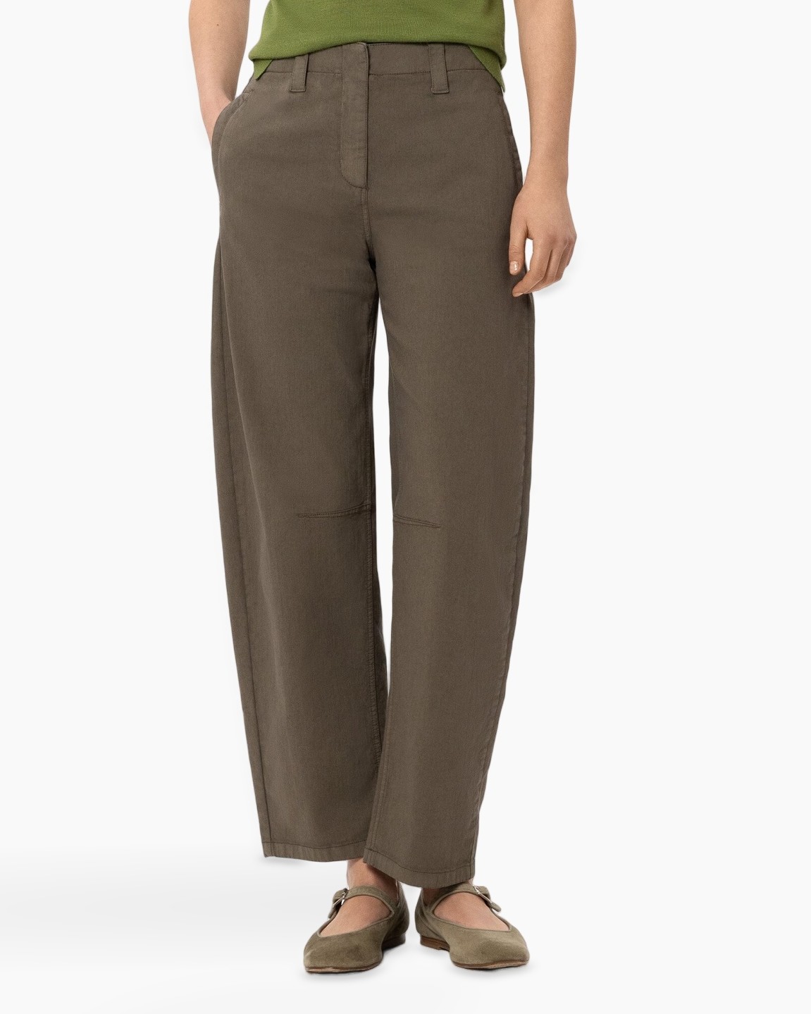 pants, wide-leg, olive-brown, cotton, slip-on flats