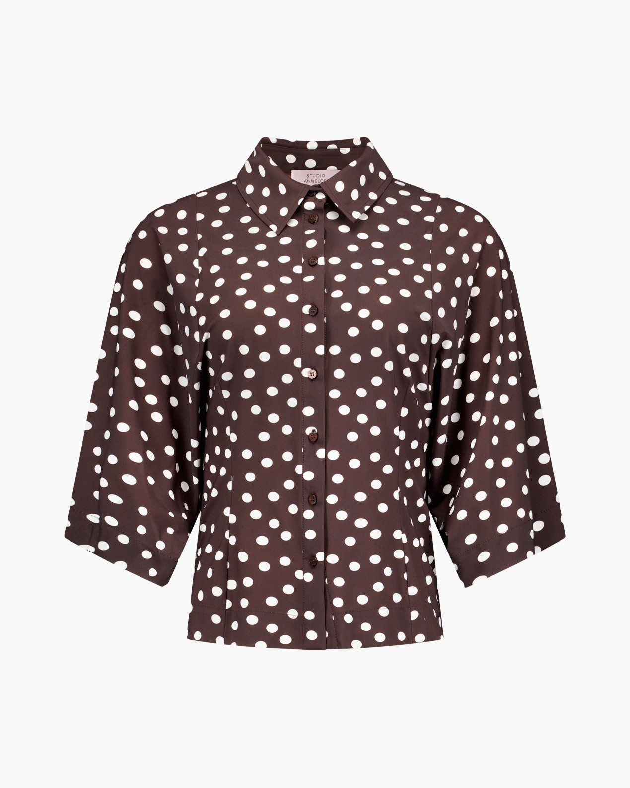polka dot shirt, brown shirt, button front, collared blouse, short sleeve