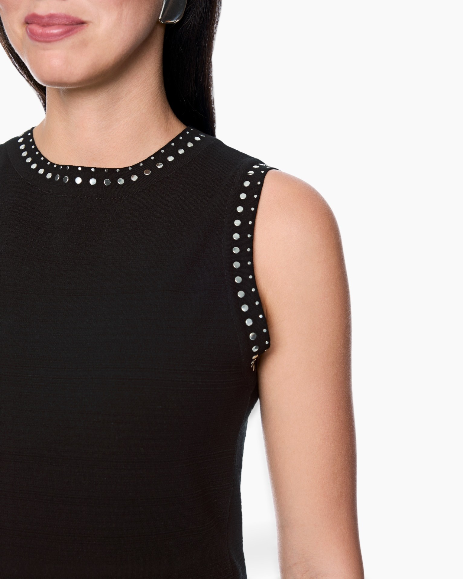 black, sleeveless, top, studs, crew-neck
