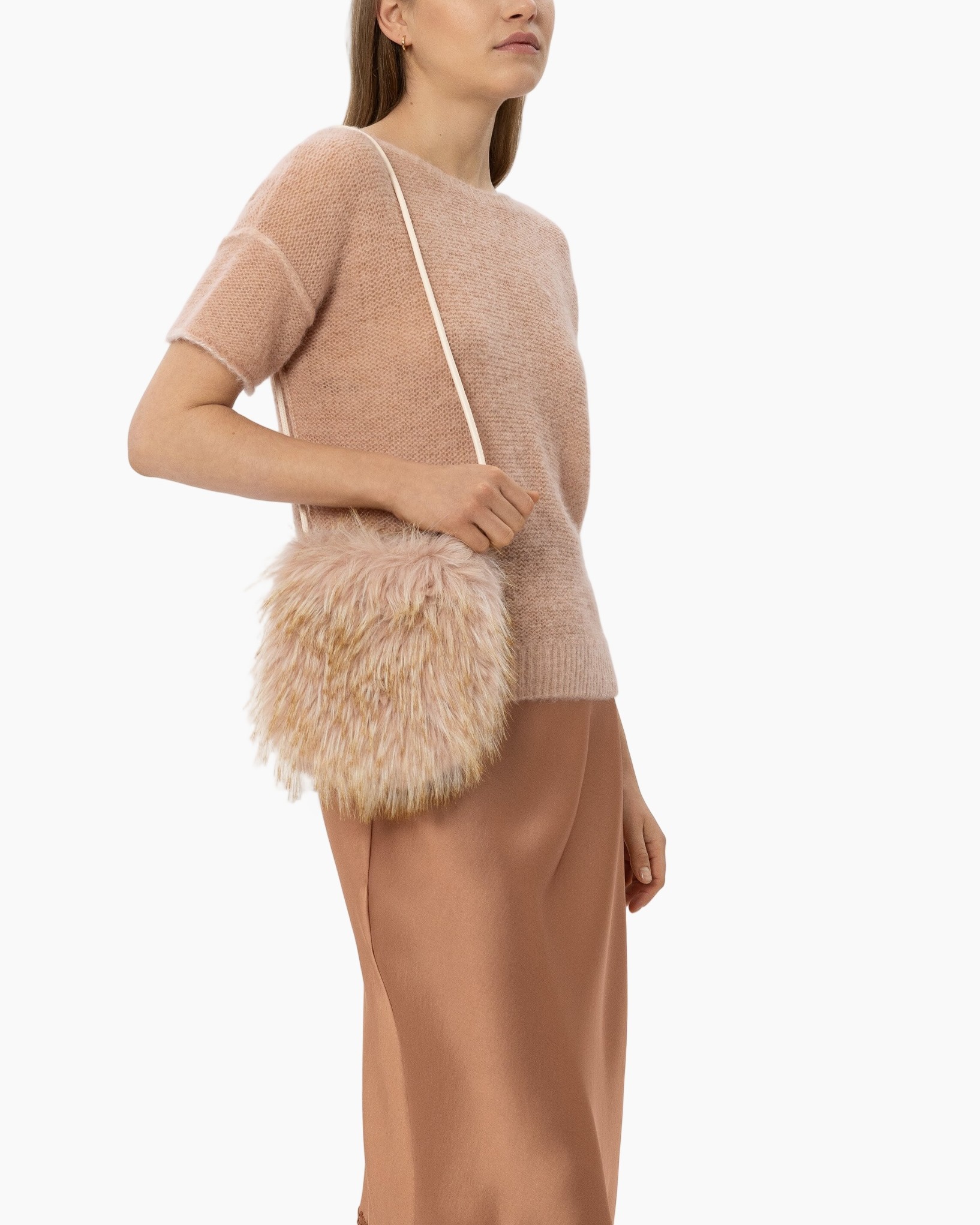 soft sweater, short sleeve, knit top, furry bag, pleated skirt