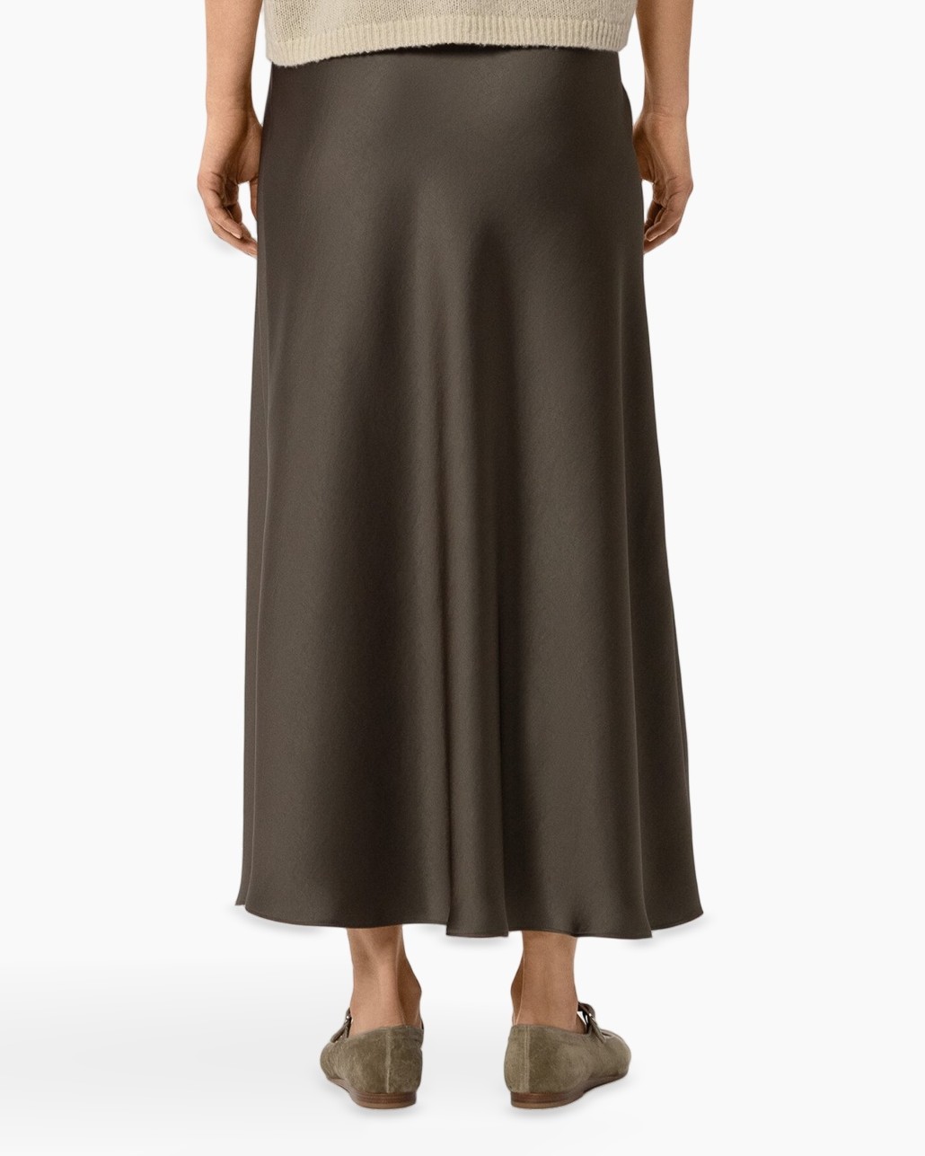 maxi skirt, satiny, solid color, ankle length, slip-on flats