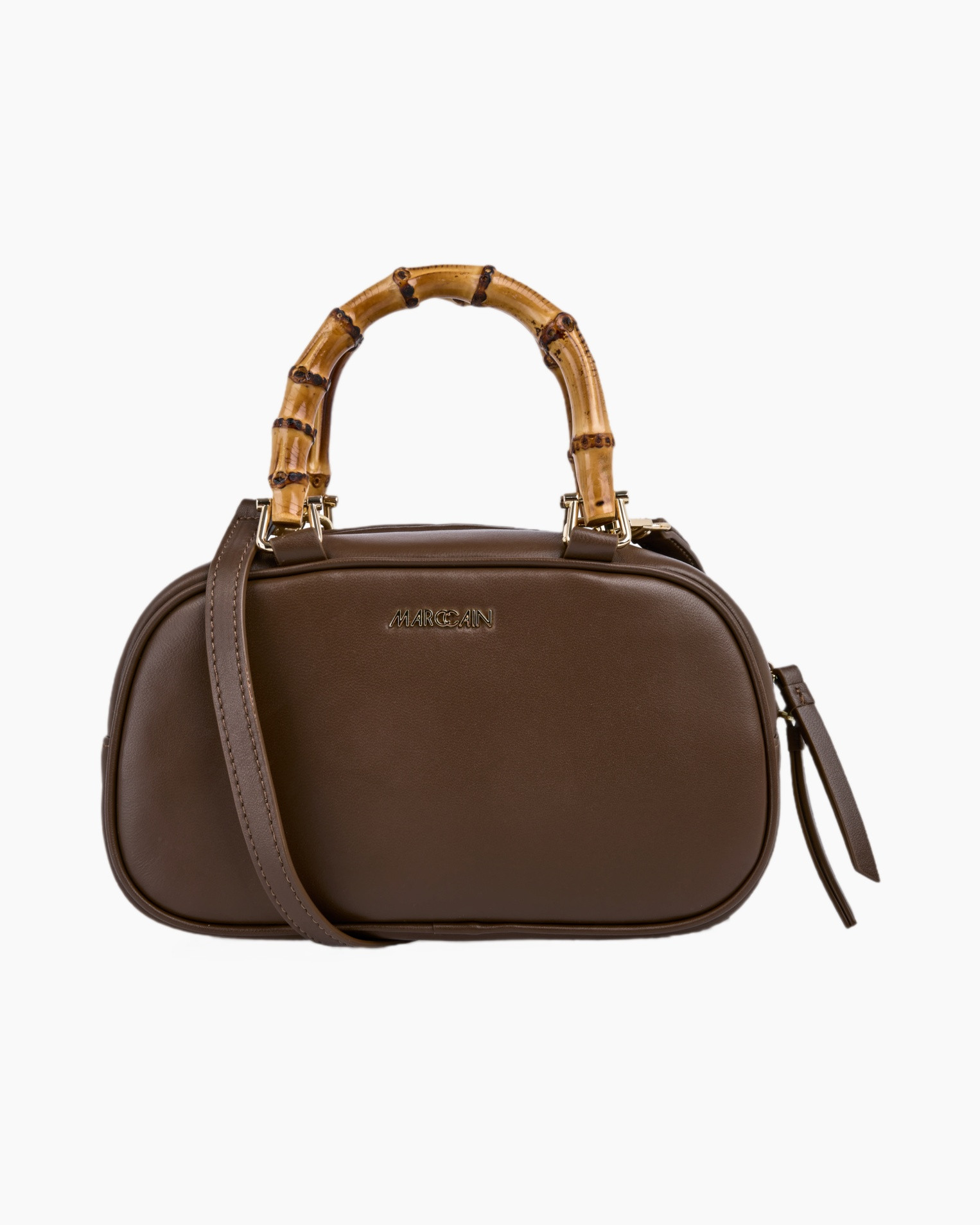 handbag, brown, ballistic, bamboo handle, crossbody strap