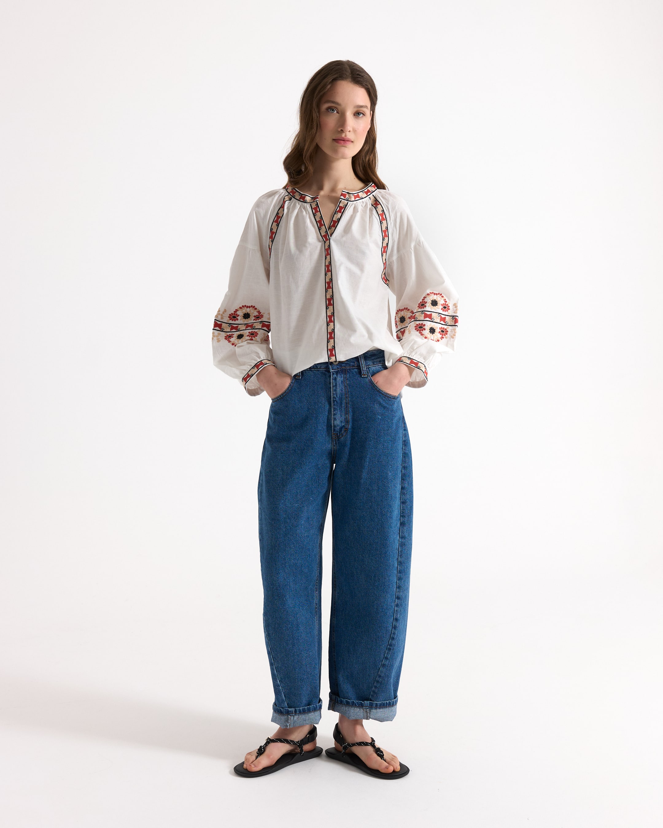 white blouse, embroidered, peasant blouse, long sleeves, denim jeans