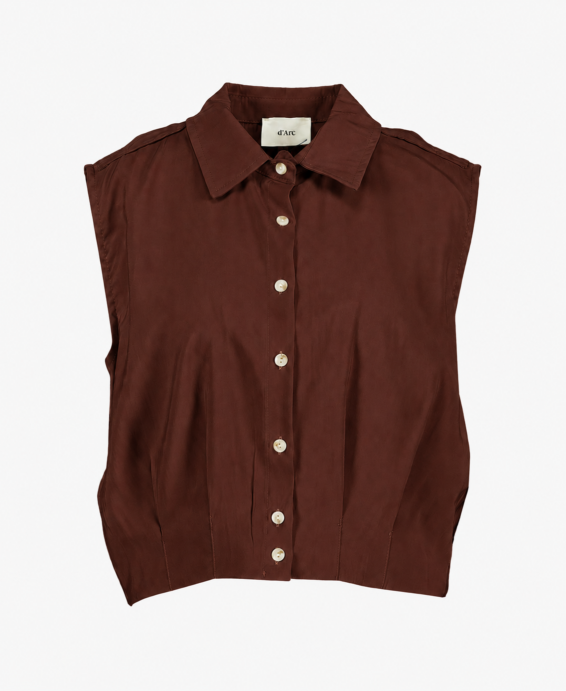 sleeveless, button-down, collared, brown, top
