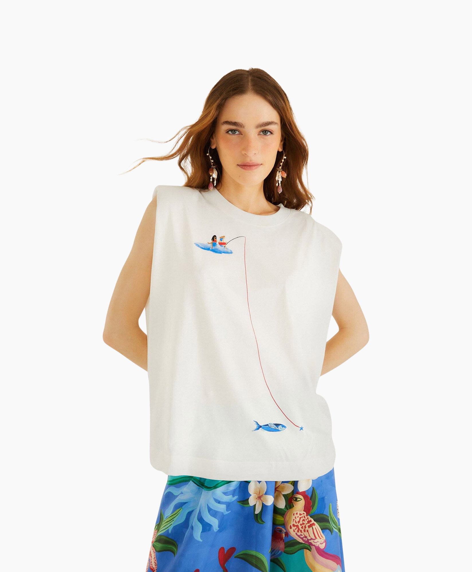 sleeveless top, white t-shirt, graphic tee, fishing boat, fish pattern