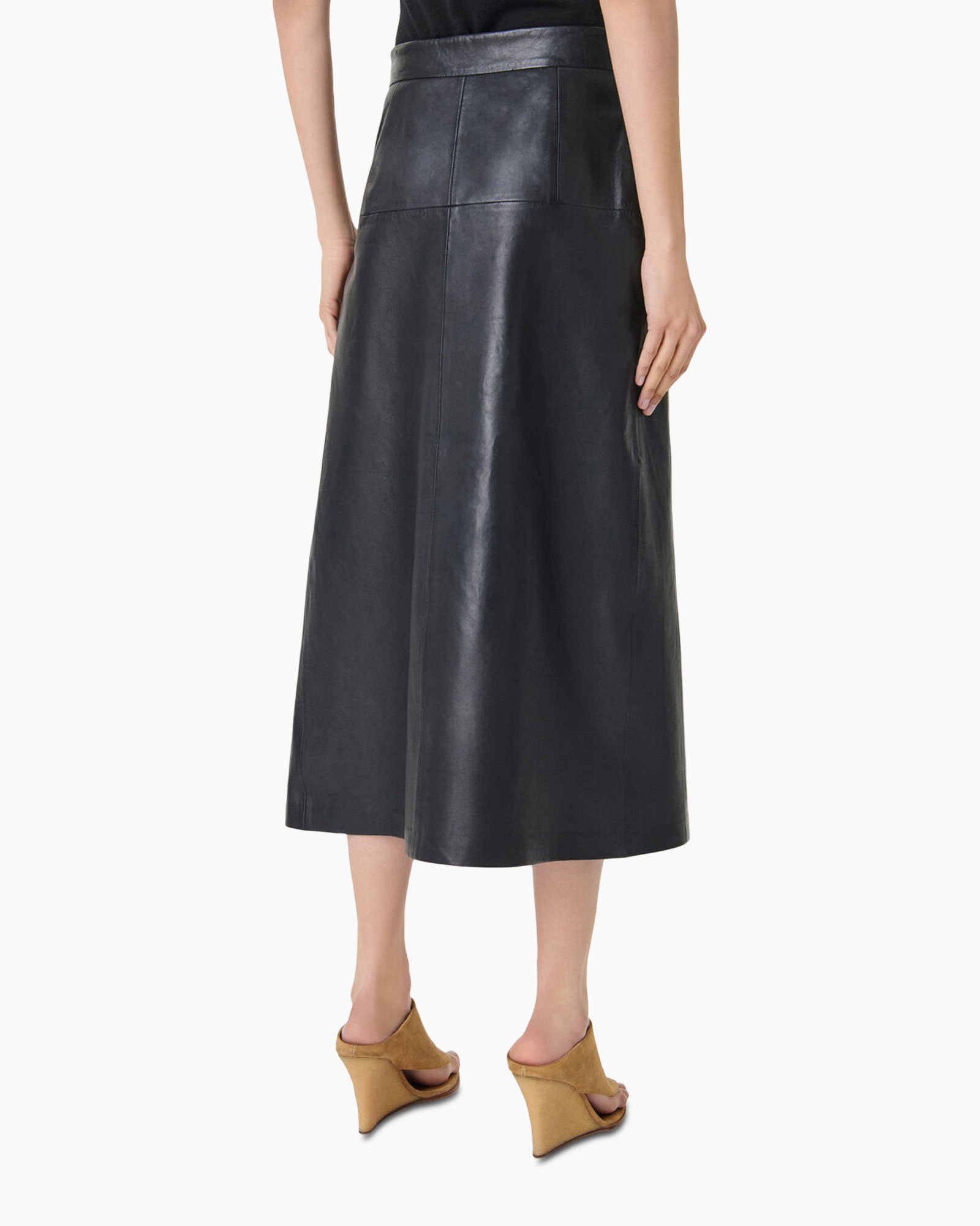skirt, mid-length, leather, black, A-line