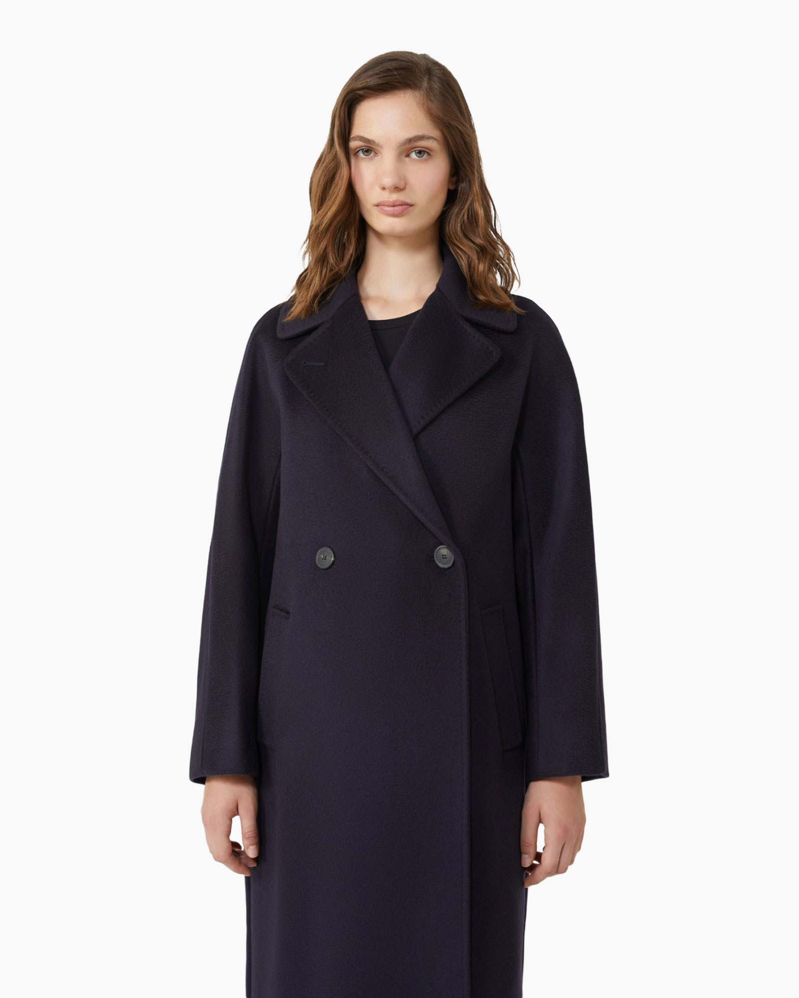 coat, double-breasted, long, navy, wool-blend