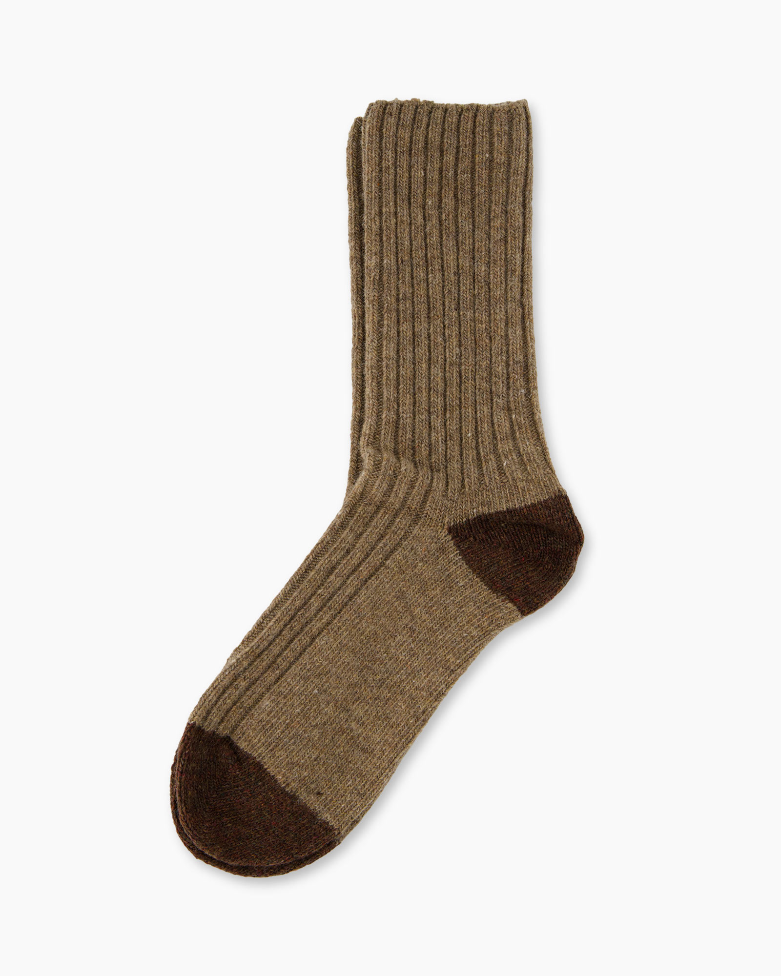 socks, crew socks, ribbed, brown, toe patched