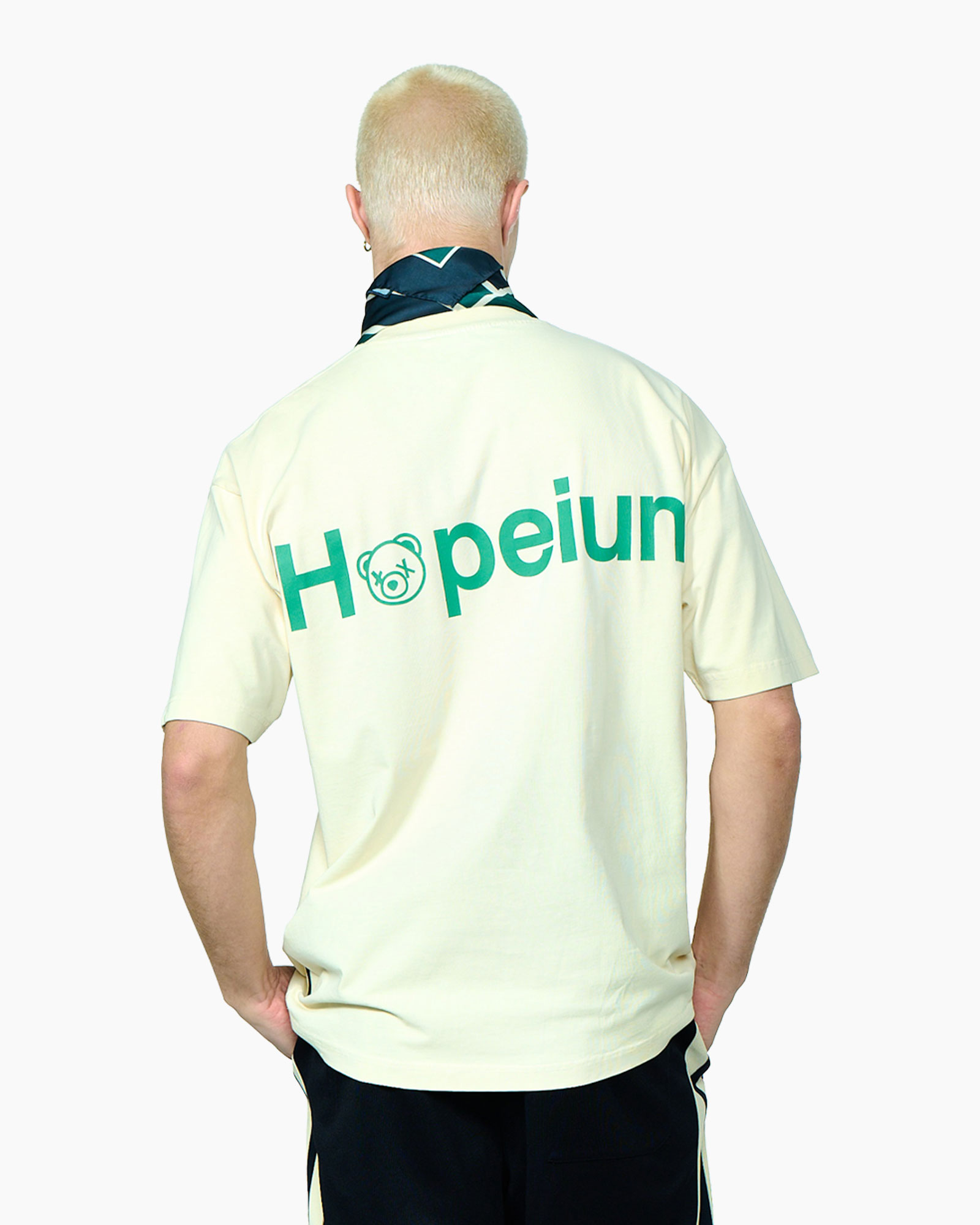 t-shirt, short sleeves, back graphic, light yellow, green text