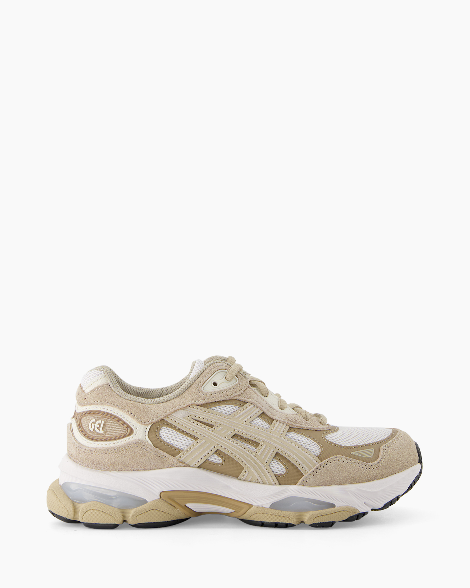 sneaker, athletic shoe, beige, mesh, suede