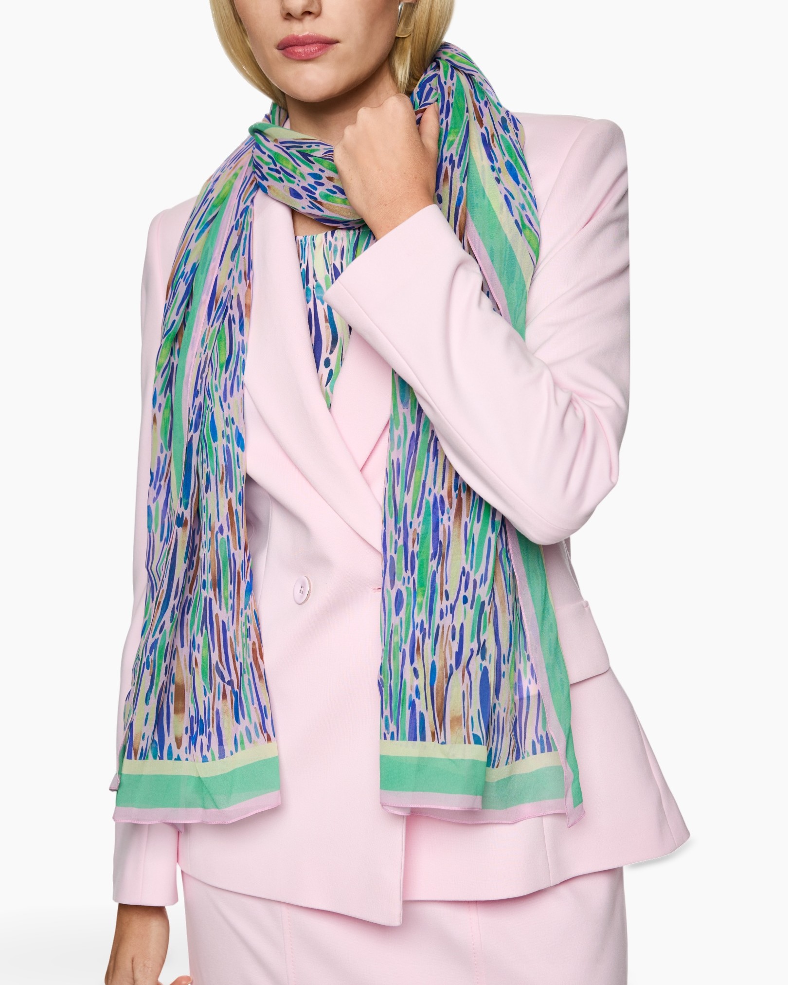 blazer, scarf, pink, pastel, patterned scarf