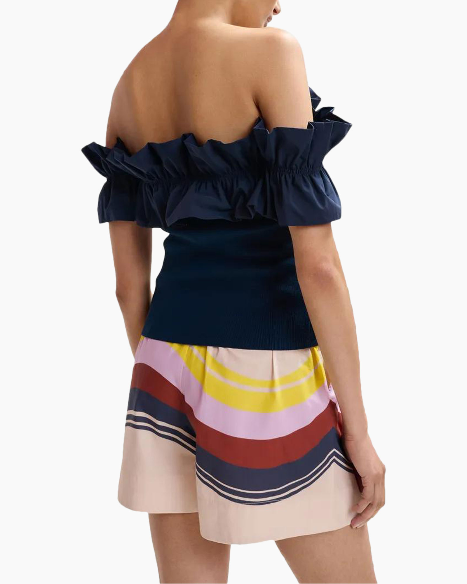 off-shoulder, ruffled, top, navy, shorts, colorful-skirt
