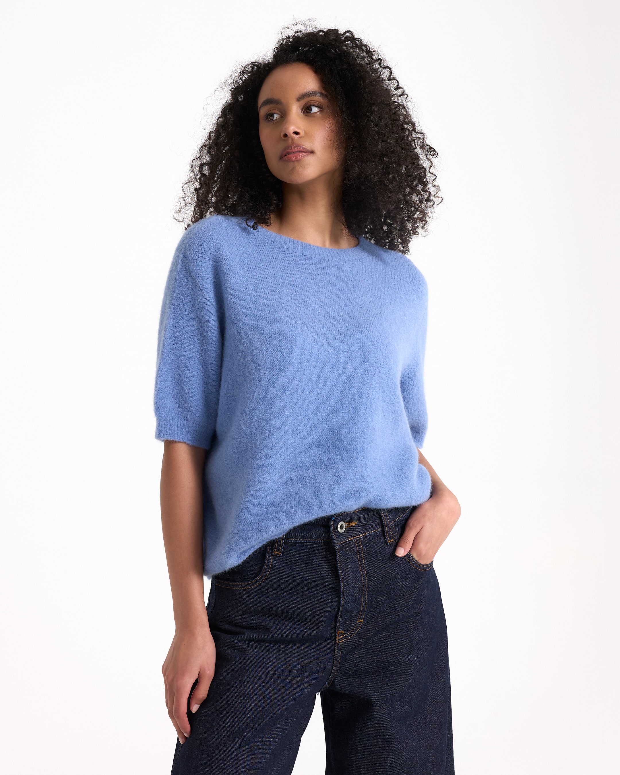 sweater, blue, knit, short-sleeve, women