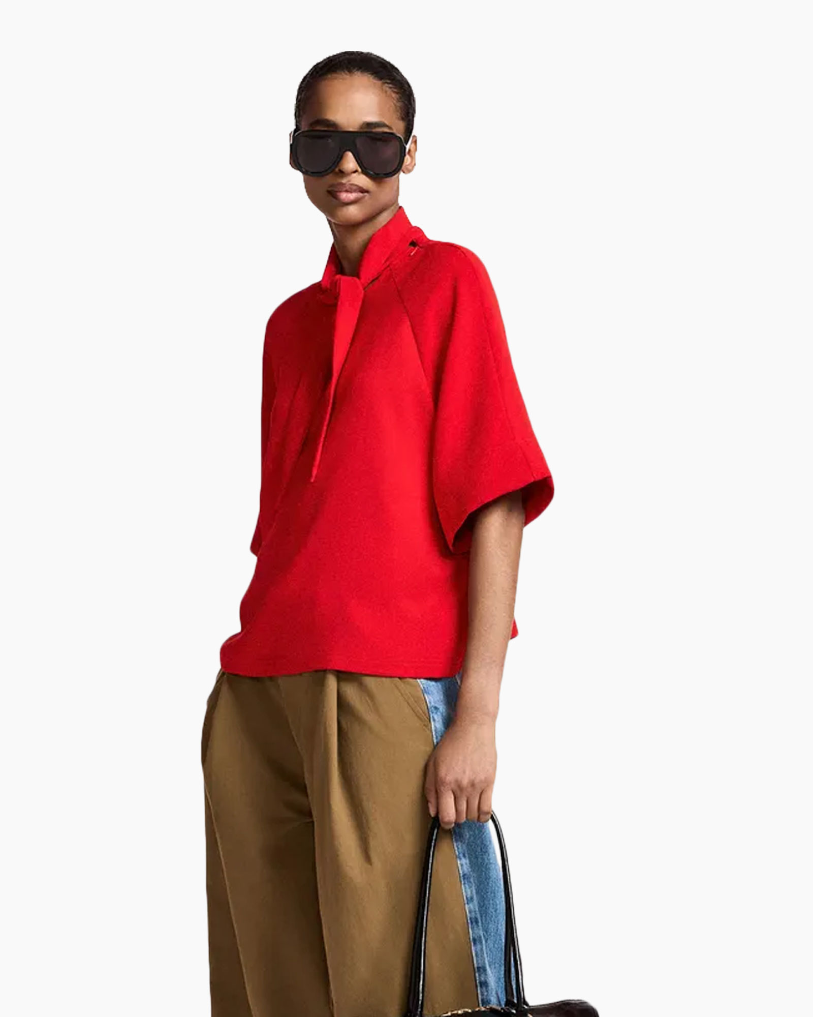 red top, poncho, cape sleeve, short-sleeve, sunglasses