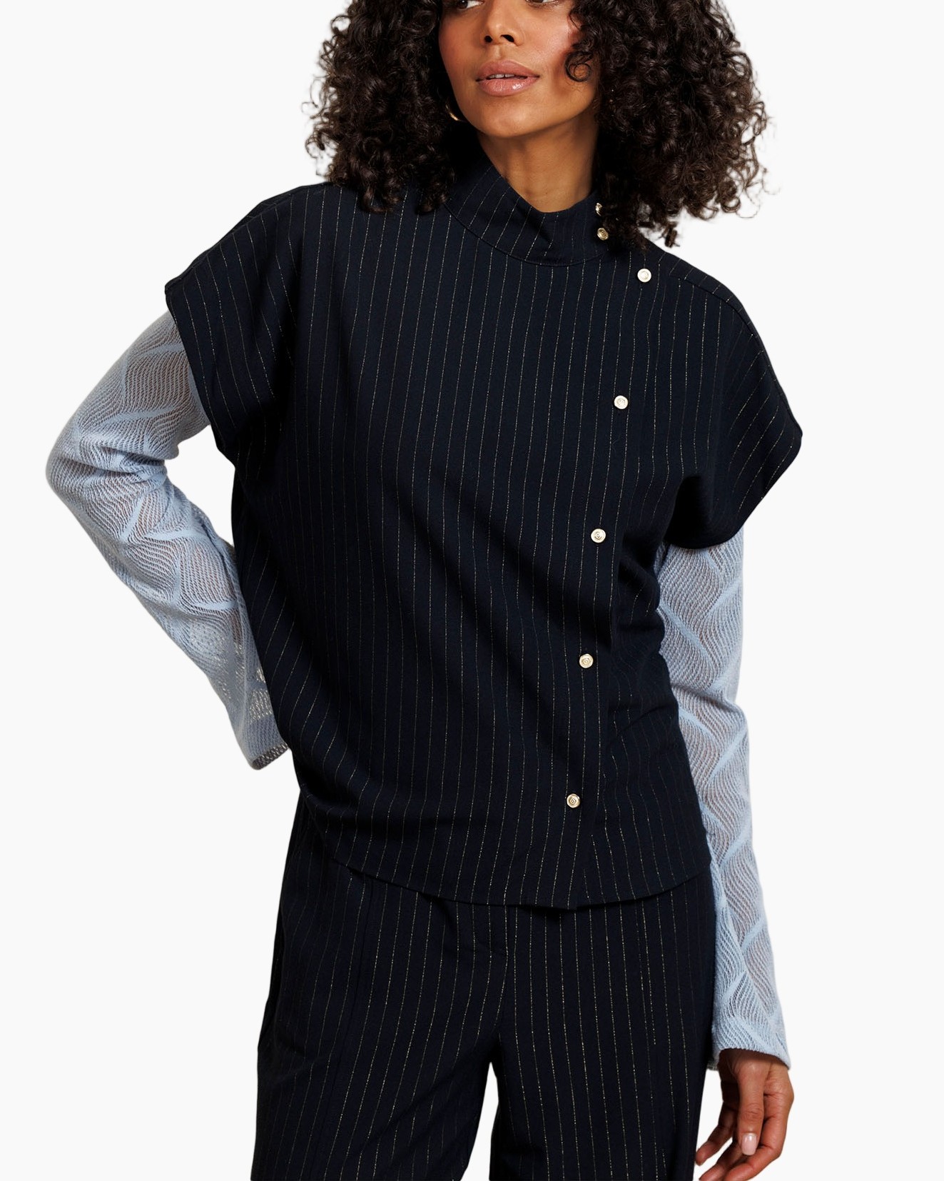 pinstripe, poncho, nested-layers, casual, knit-sleeves