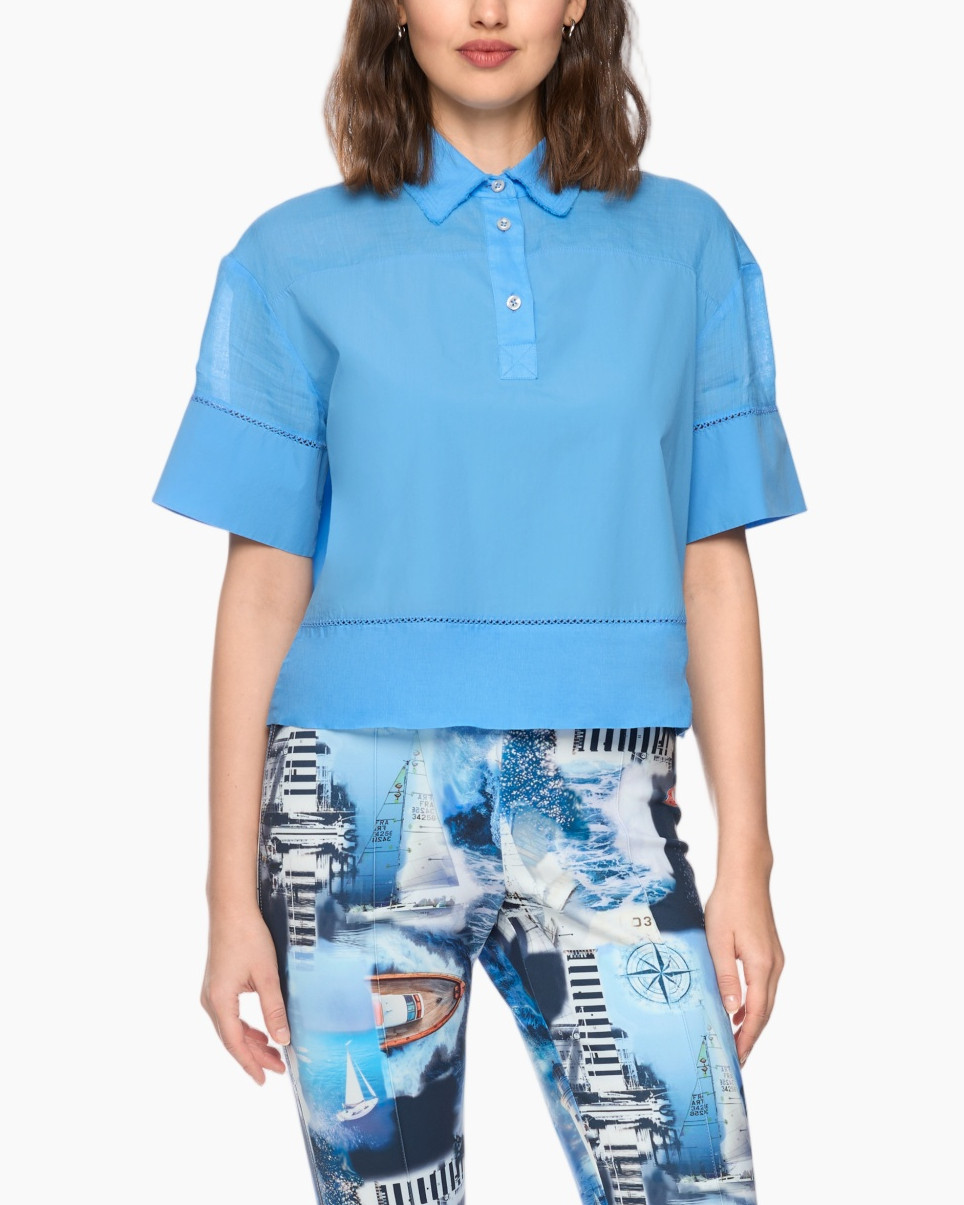 top, short-sleeve, collared, blue, linen-like