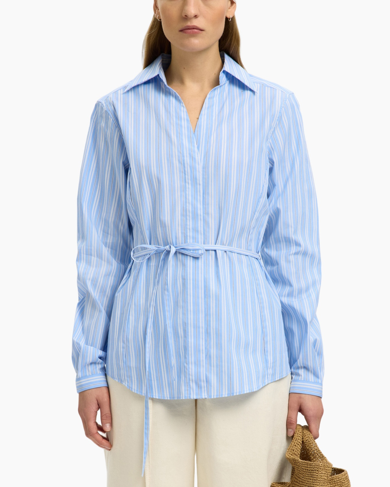 shirt, striped, blue, long-sleeve, belted