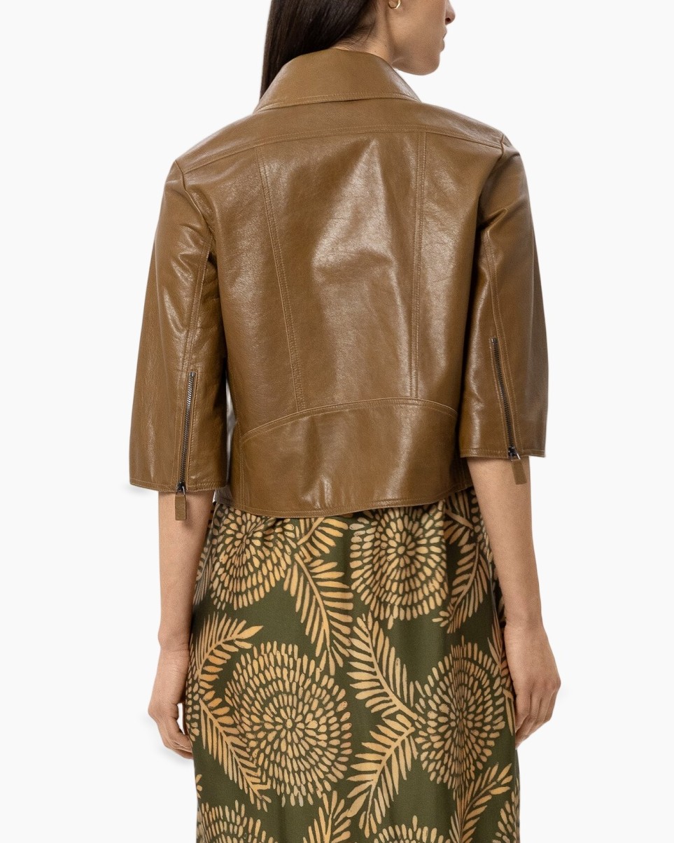 leather jacket, cropped, 3/4 sleeve, zipped sleeve, brown