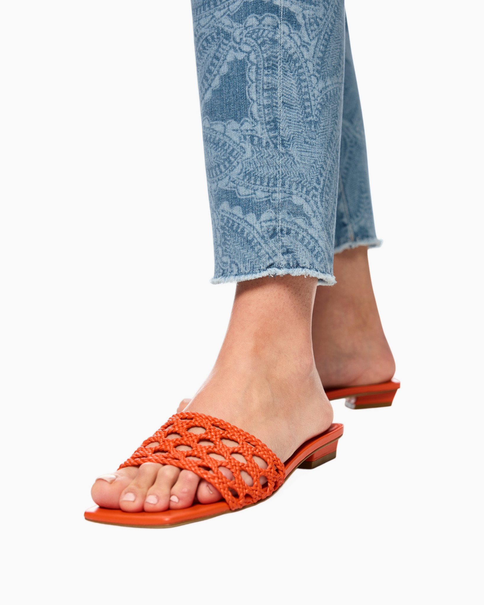 sandals, open toe, woven, flat heel, orange