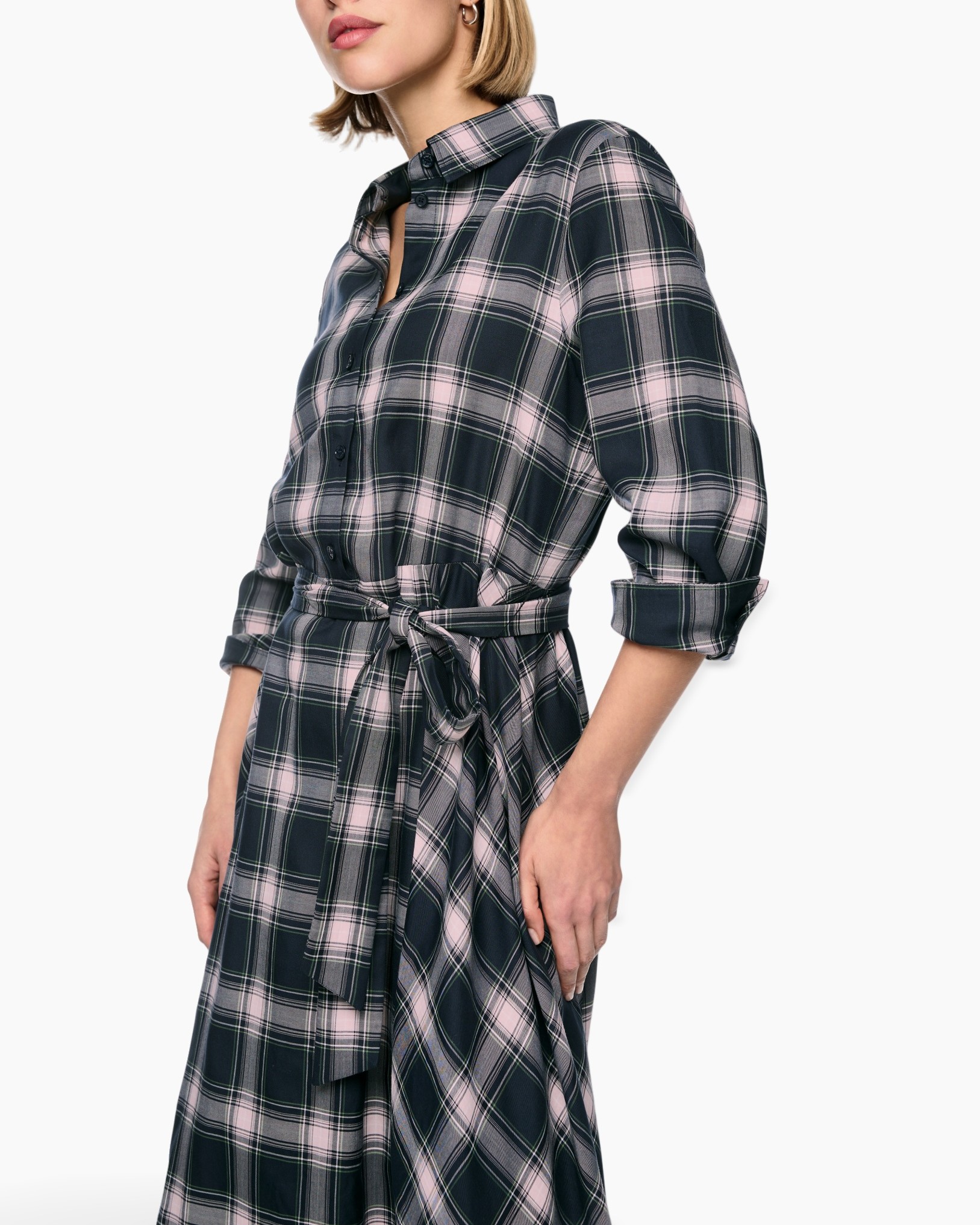 plaid, shirt-dress, waist-tie, long-sleeve, collared