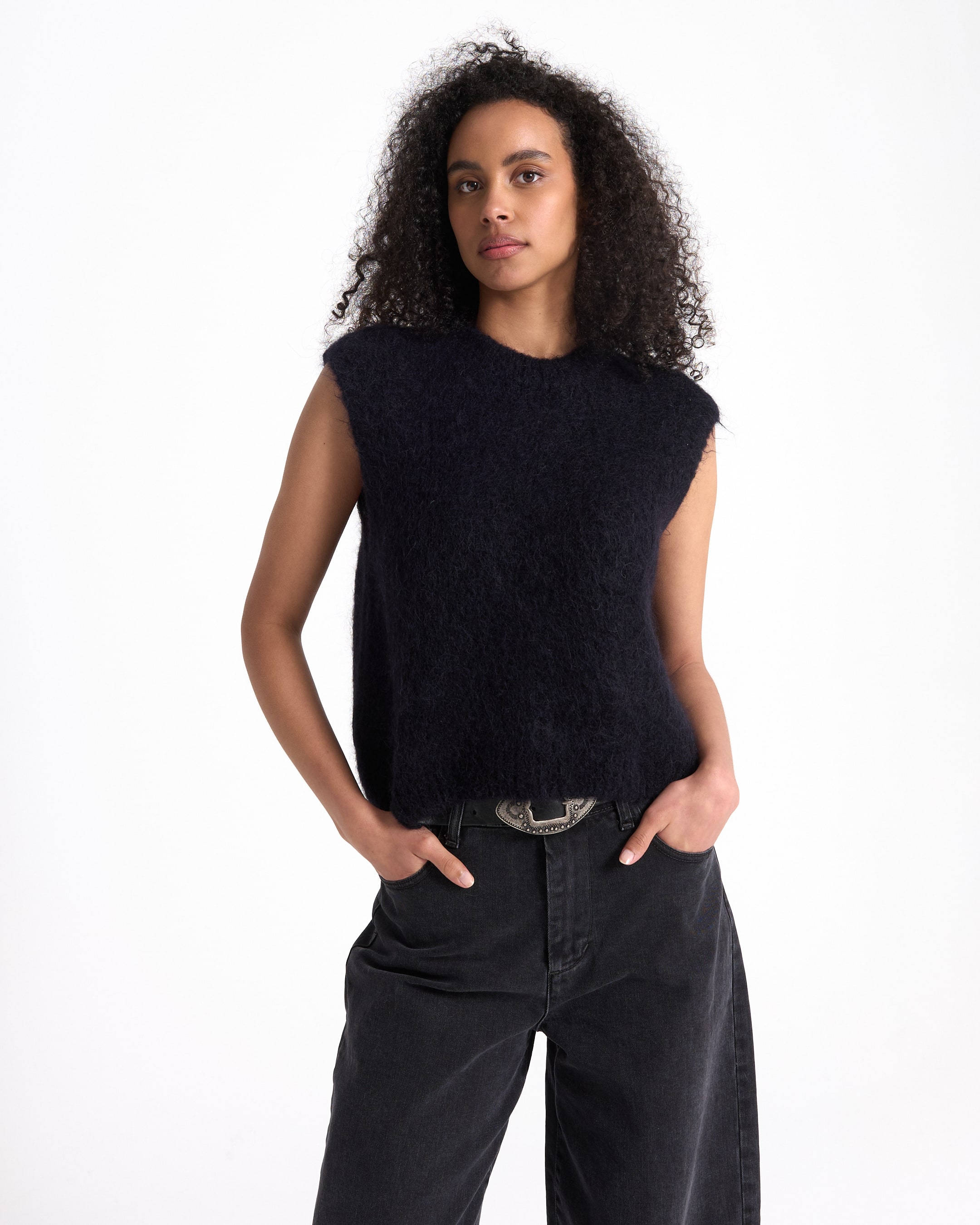 black sleeveless top, fuzzy knit, tank top, women's top, dark color