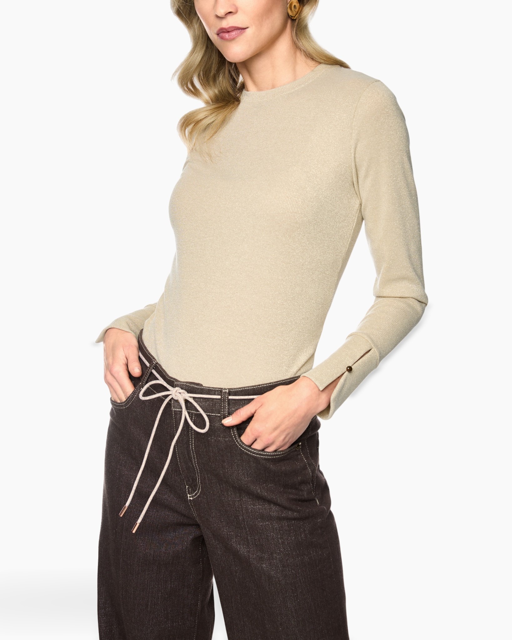 beige top, knit sweater, long-sleeve, crew neck, light beige