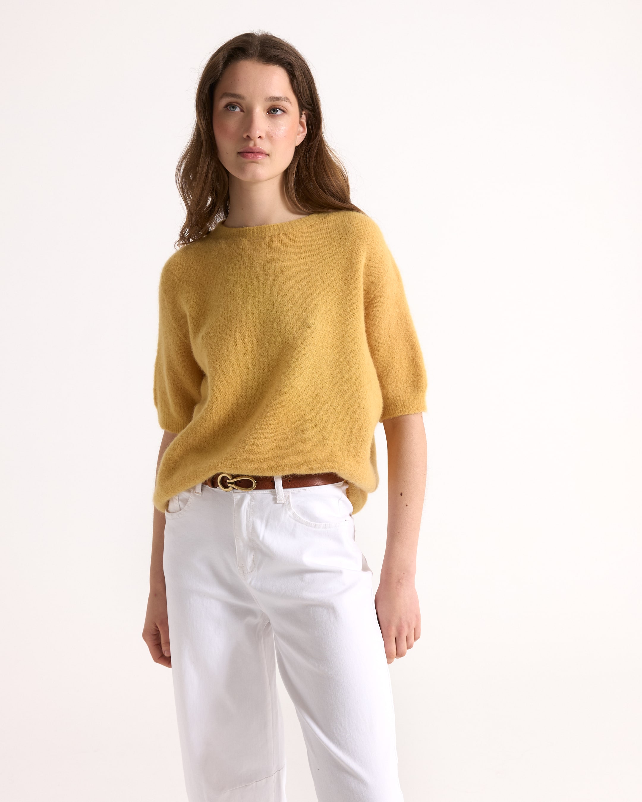 sweater, pull, knit, mustard, short-sleeve