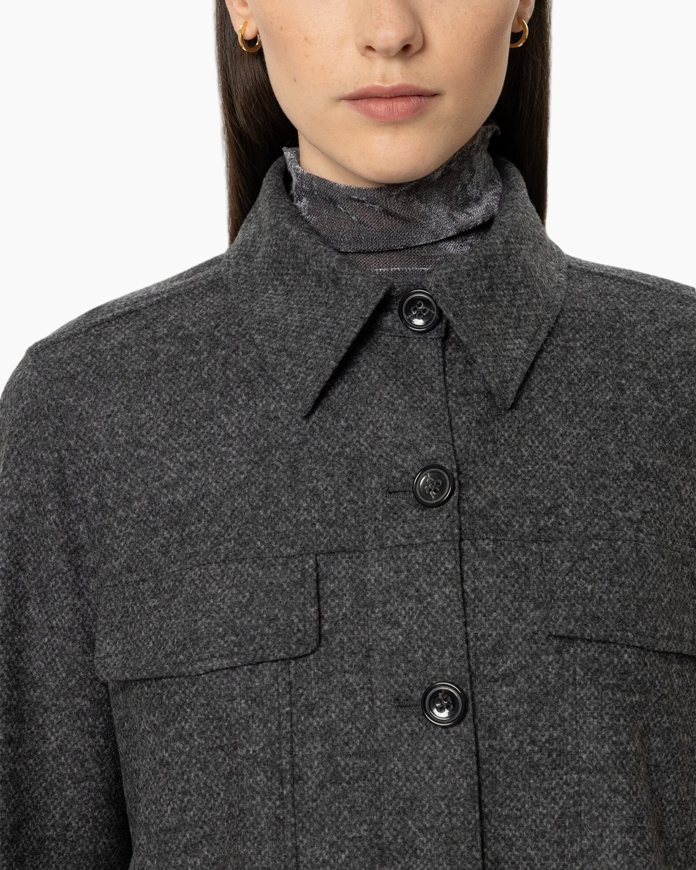 coat, buttoned, collared, pocketed, gray