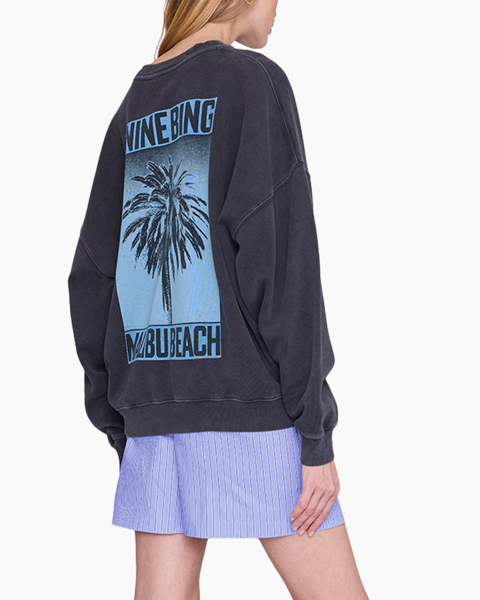 oversized sweatshirt, long sleeve, dark gray, logo patch, assorted shorts