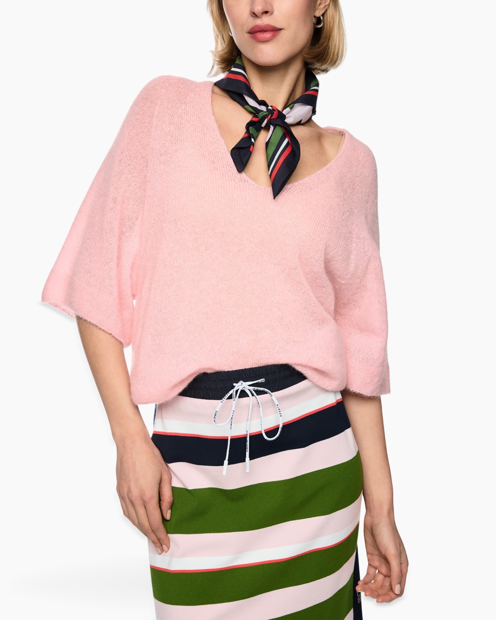 pink sweater, oversized top, short-sleeve, knit texture, scarf accessory
