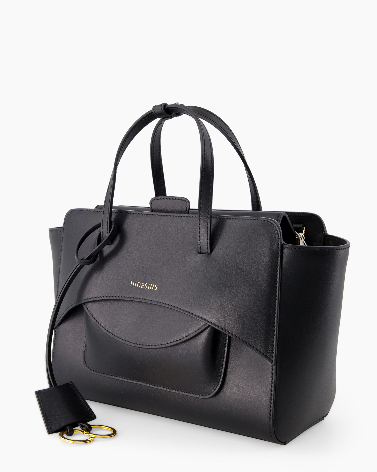 handbag, satchel, crossbody strap, black leather, gold logo