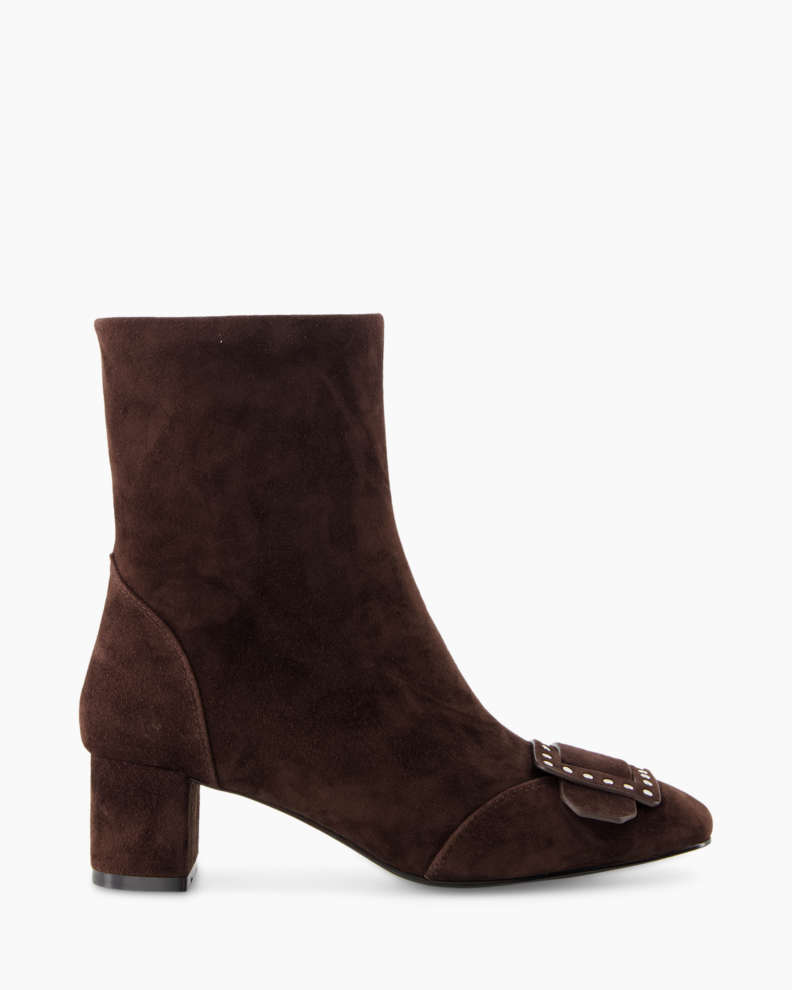 ankle boot, mid heel, brown suede, toe buckle, women's boot
