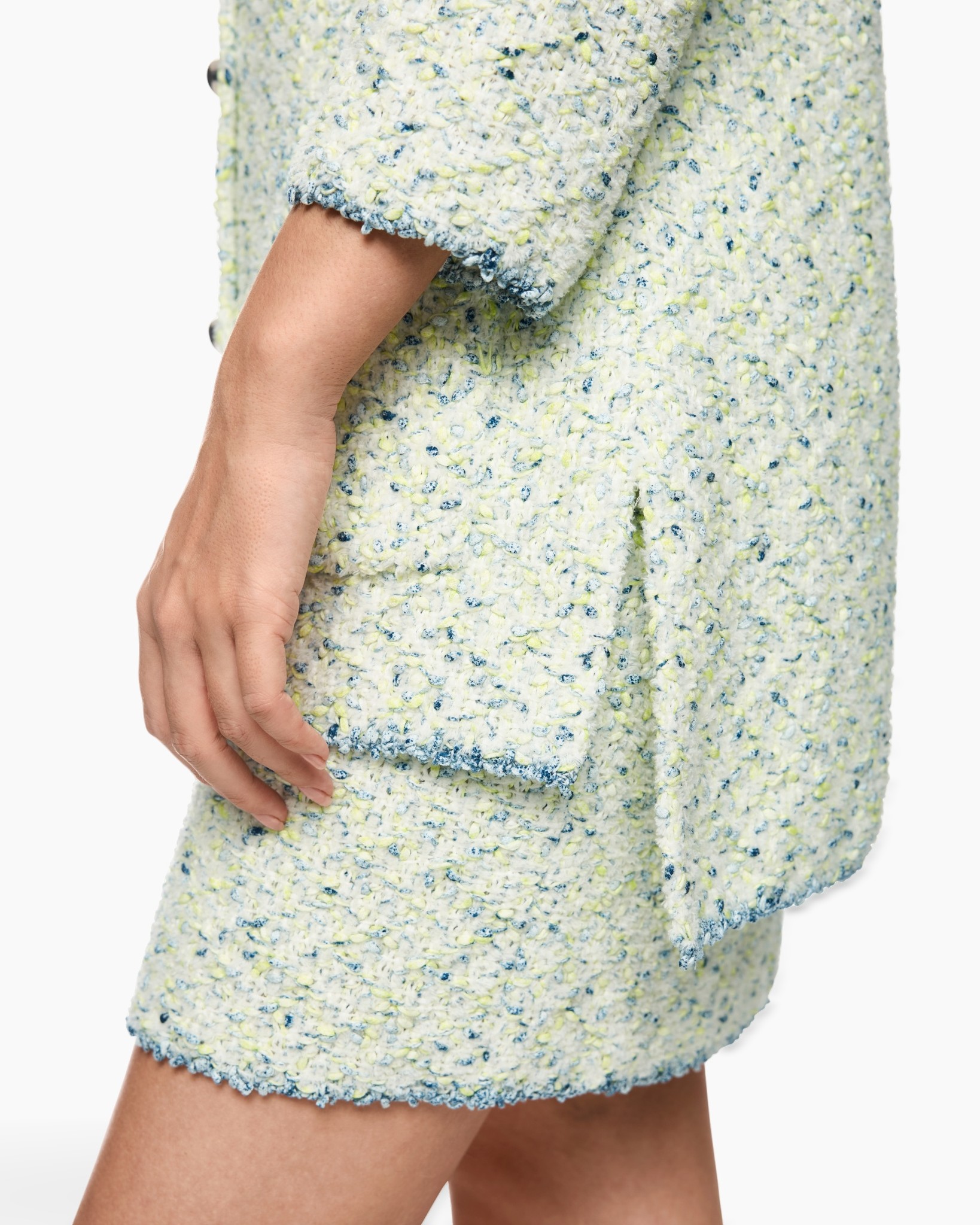 tweed, textured, shorts, pale yellow, blue accents
