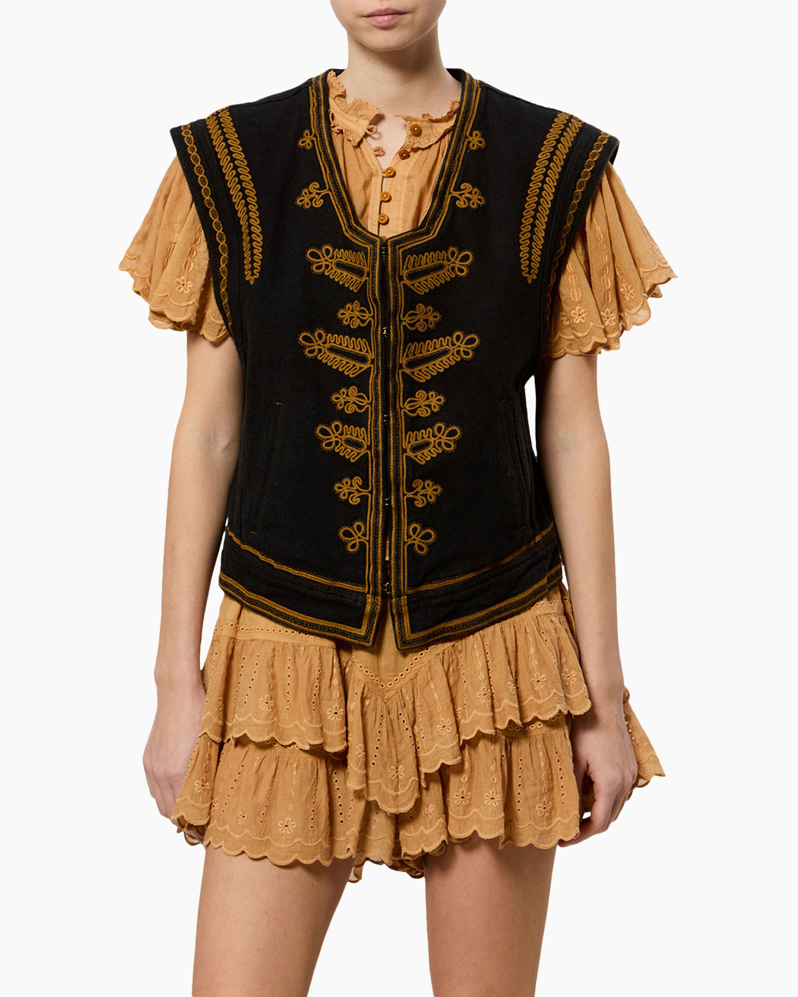 vest, embroidery, black, gold, lace