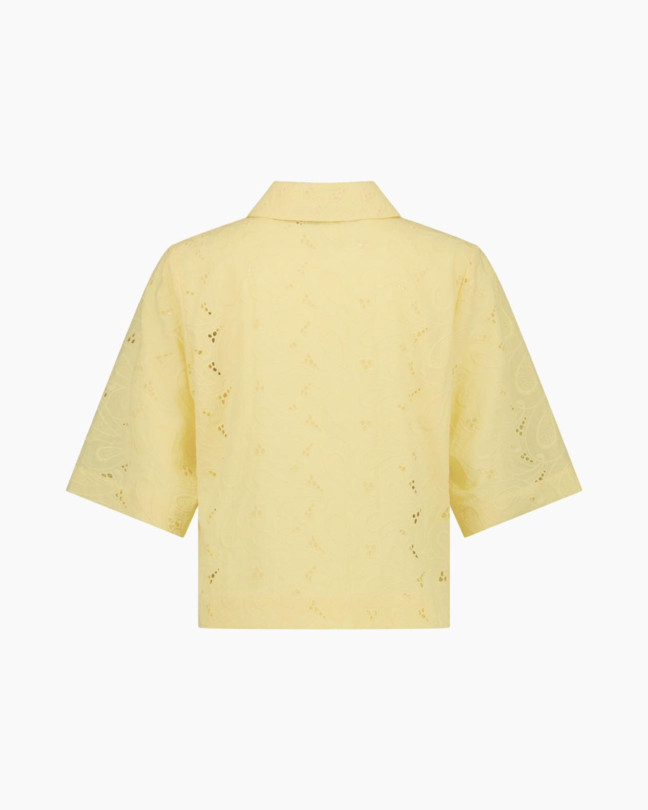 top, short-sleeve, yellow, eyelet, collar