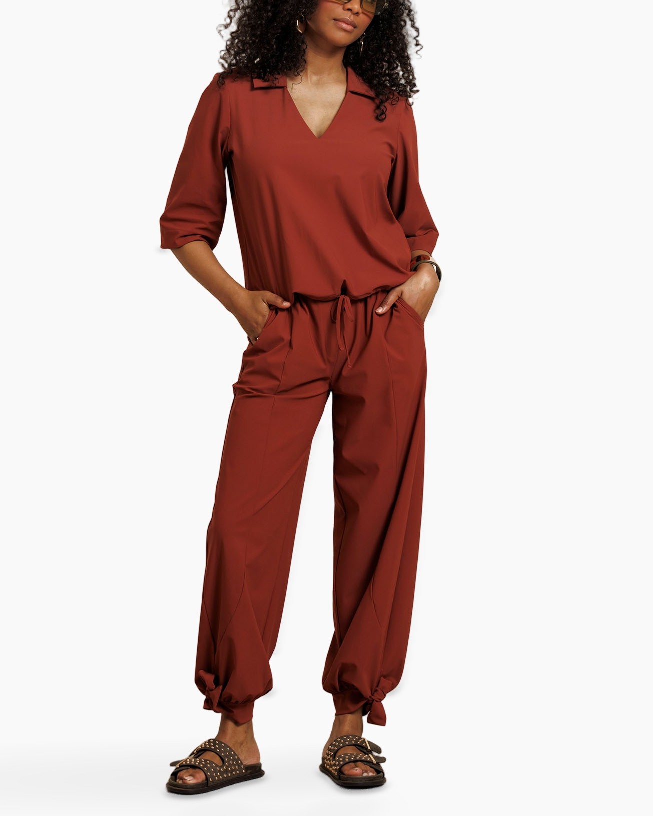 top, jumpsuit, pants, rust, 3/4-sleeve