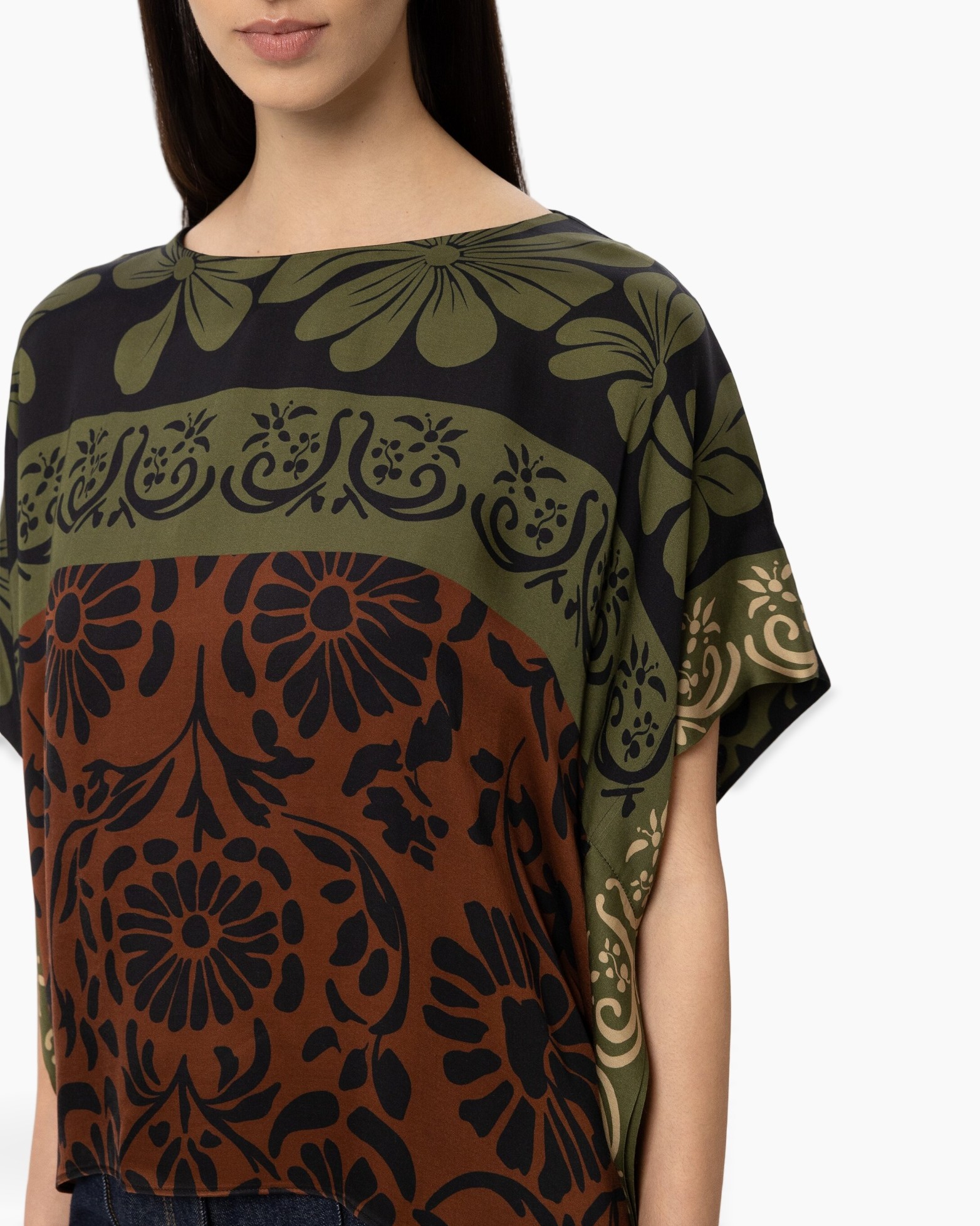 patterned top, floral print, kimono sleeve, multicolor, potli pattern