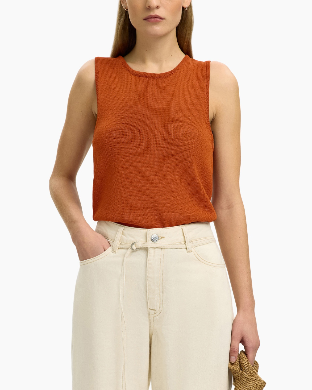 sleeveless top, rust orange, knit top, tank neck, beige pants