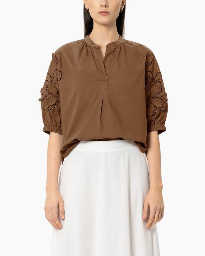 brown top, eyelet sleeves, pleated detail, short puff sleeves, loose fit