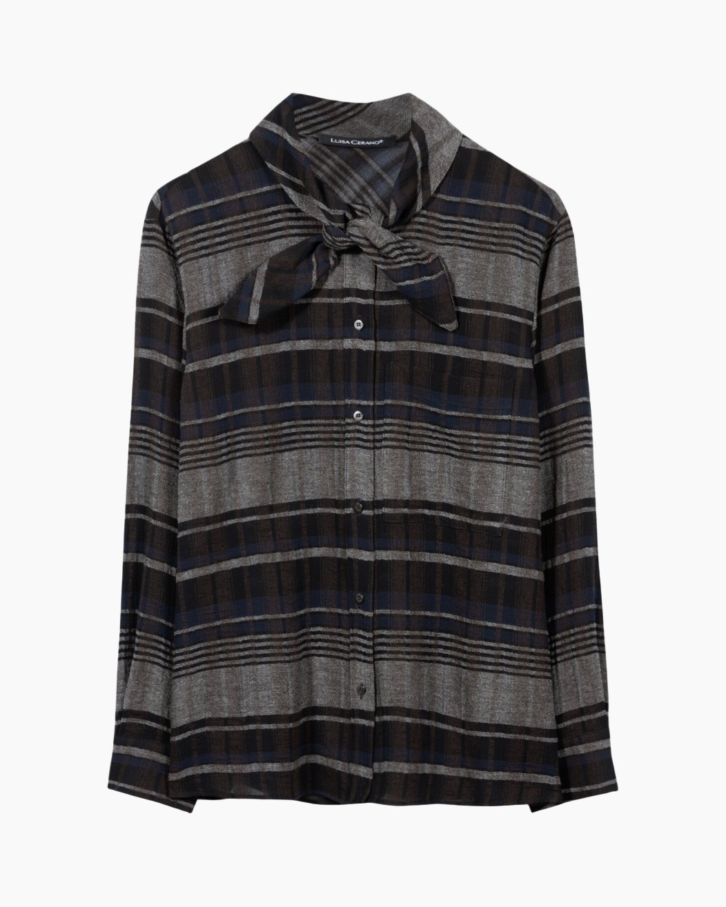 plaid, blouse, long-sleeve, button-down, scarf-detail