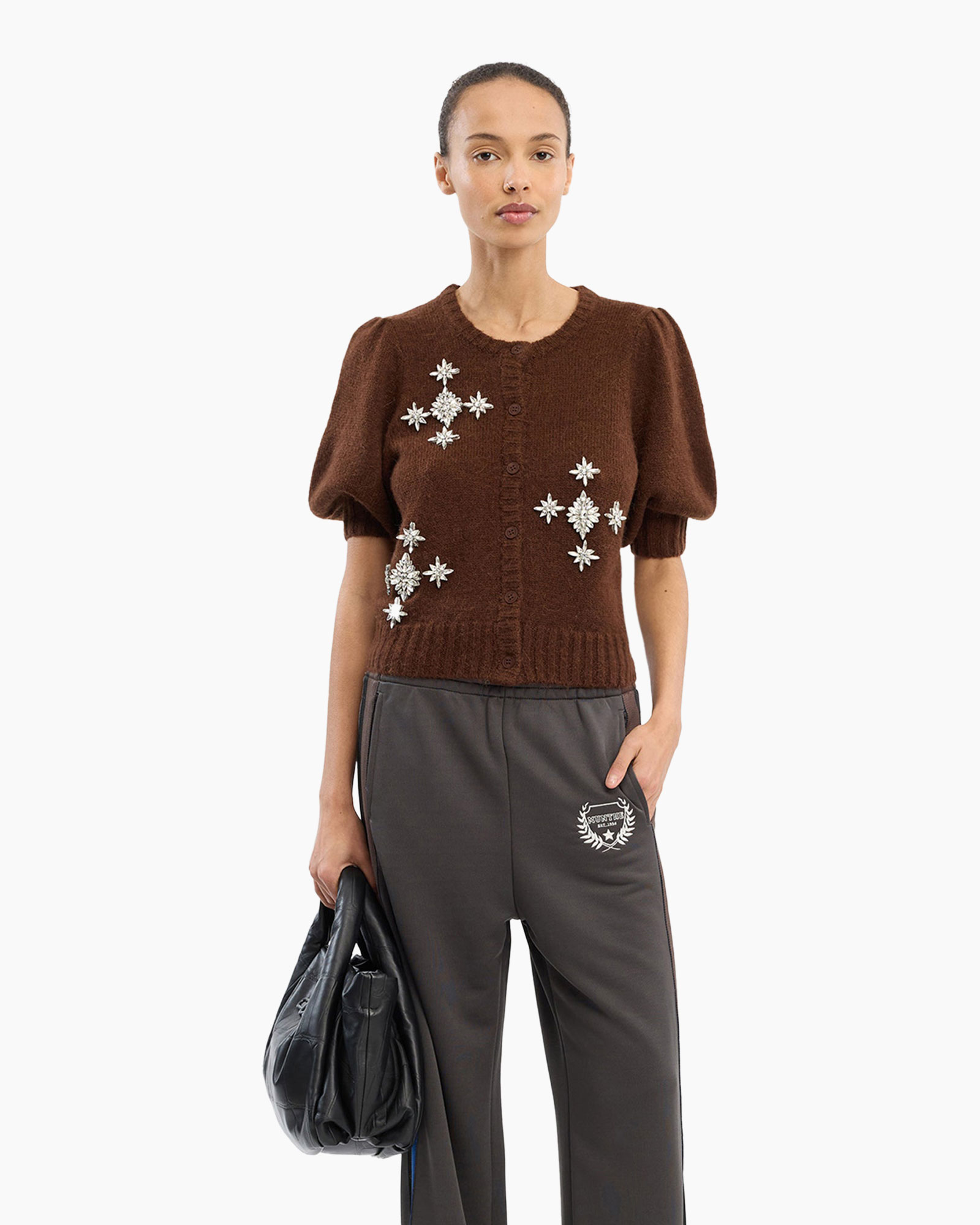knit sweater, brown, puff sleeve, embellished, cardigan