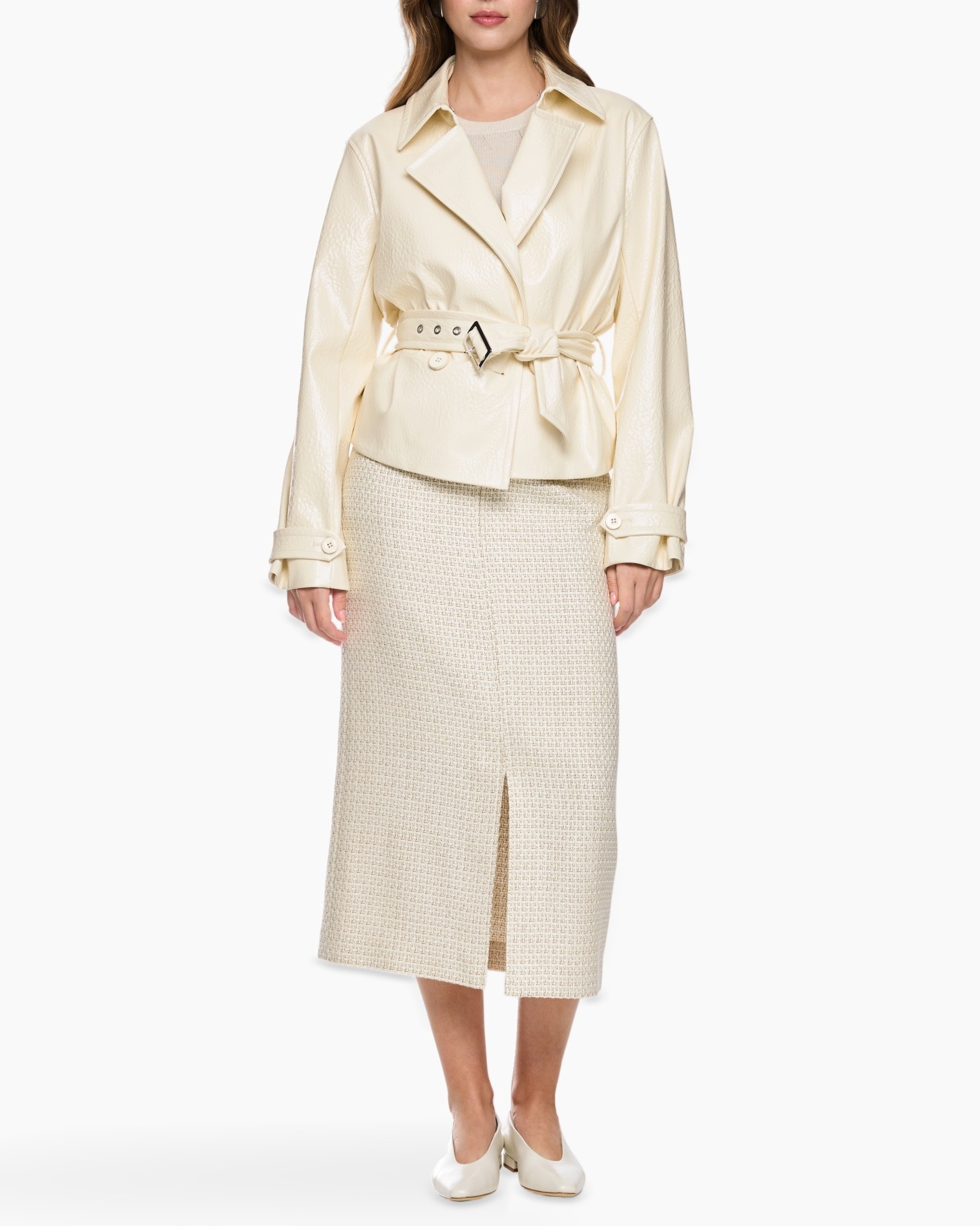 coat, belted, cream, leather, skirt