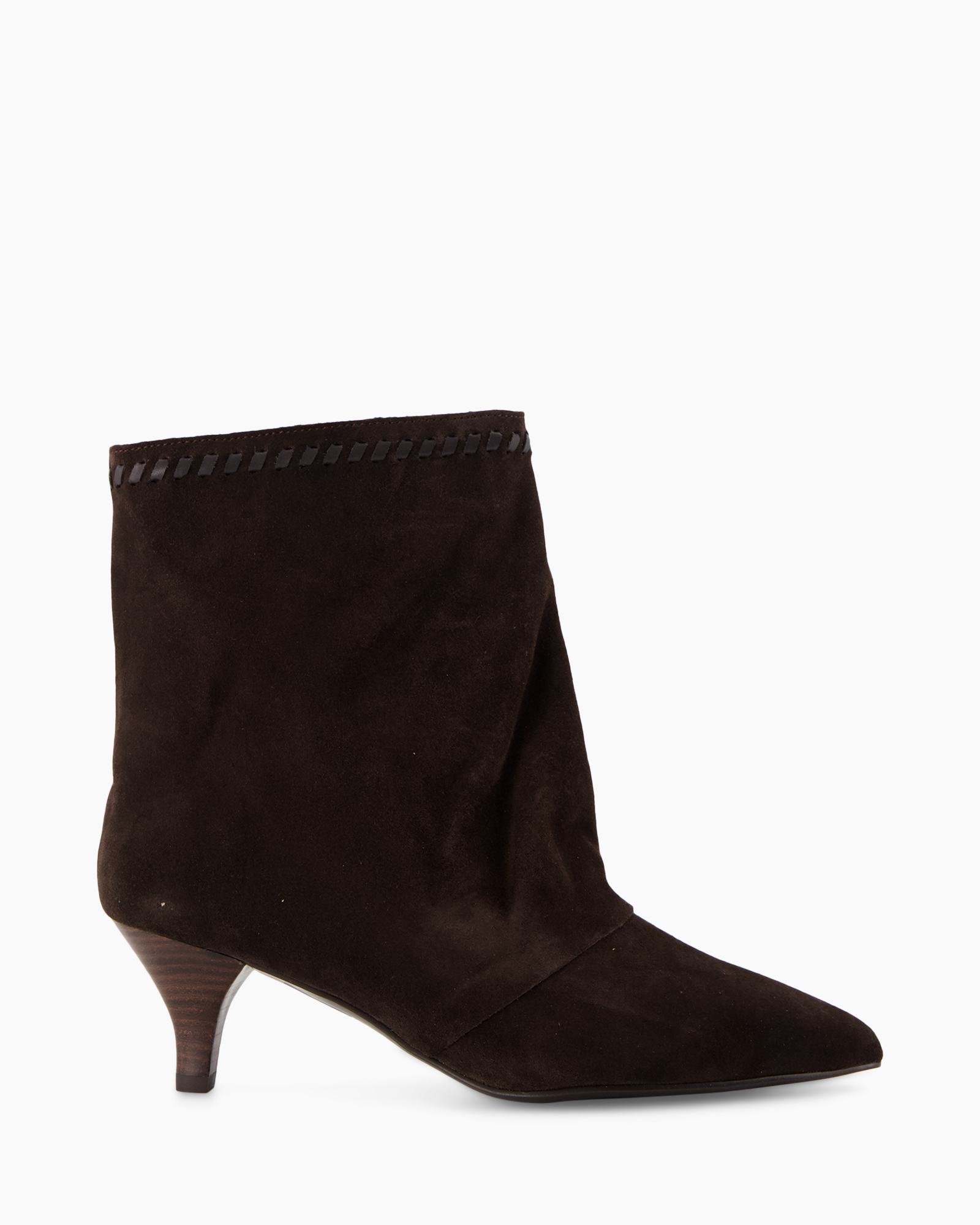 ankle boot, suede, brown, mid heel, stitch trim