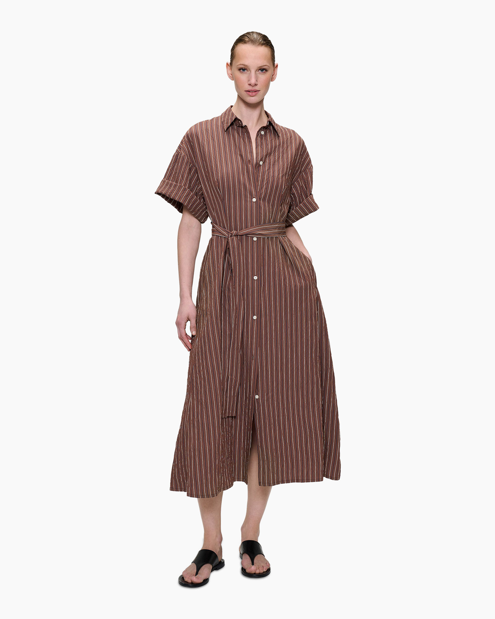 dress, shirt dress, brown, striped, belted