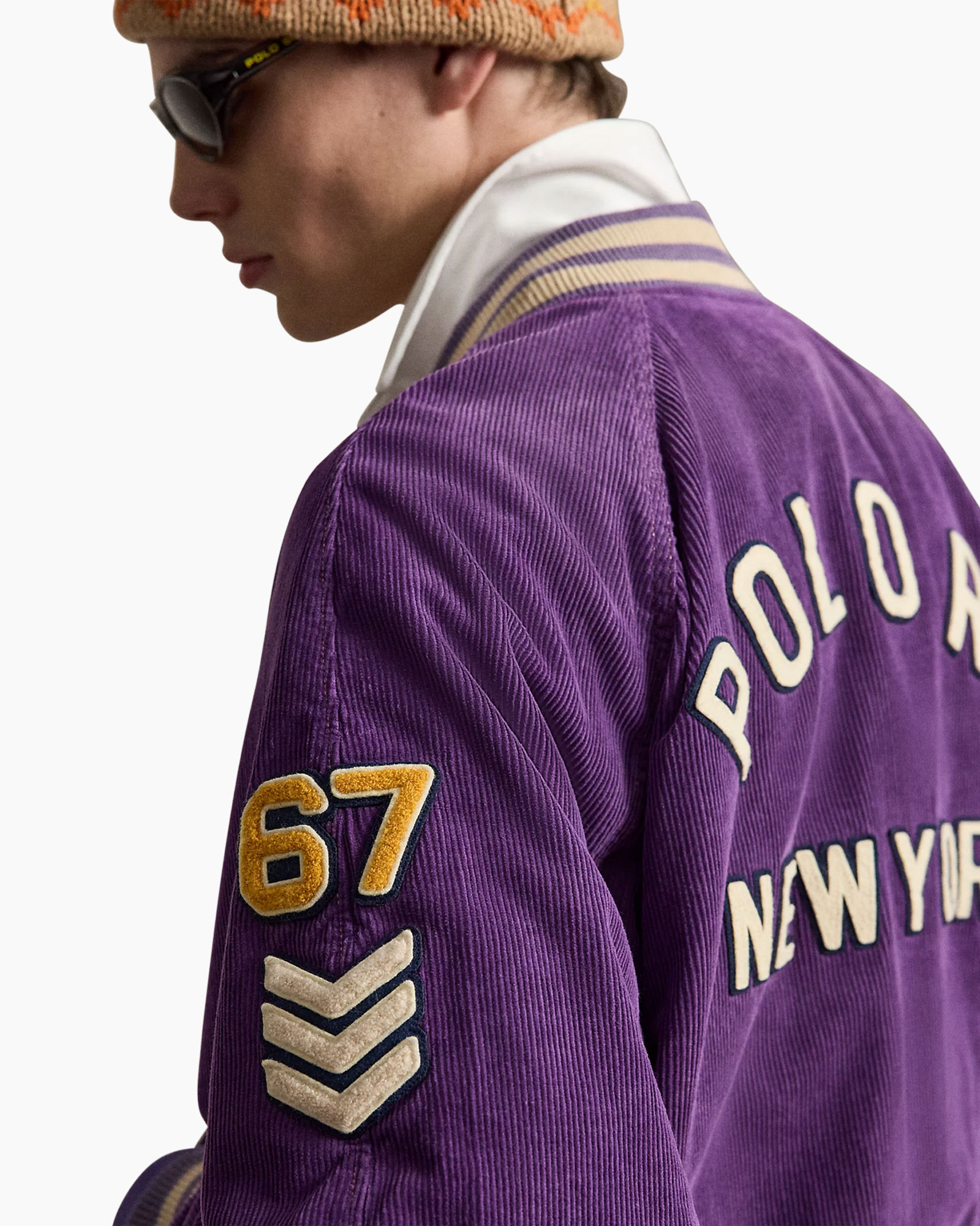 purple varsity jacket, corduroy, lettering, new york, sleeve patch 67