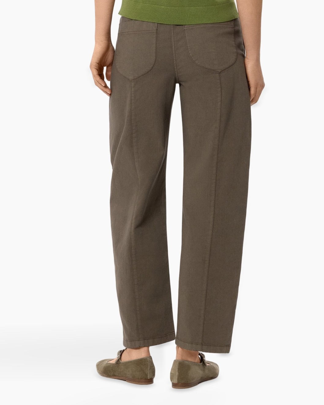 pants, wide-leg, olive-brown, cotton, slip-on flats