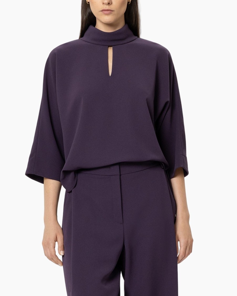 purple, top, tunic, wide-sleeve, keyhole-neck