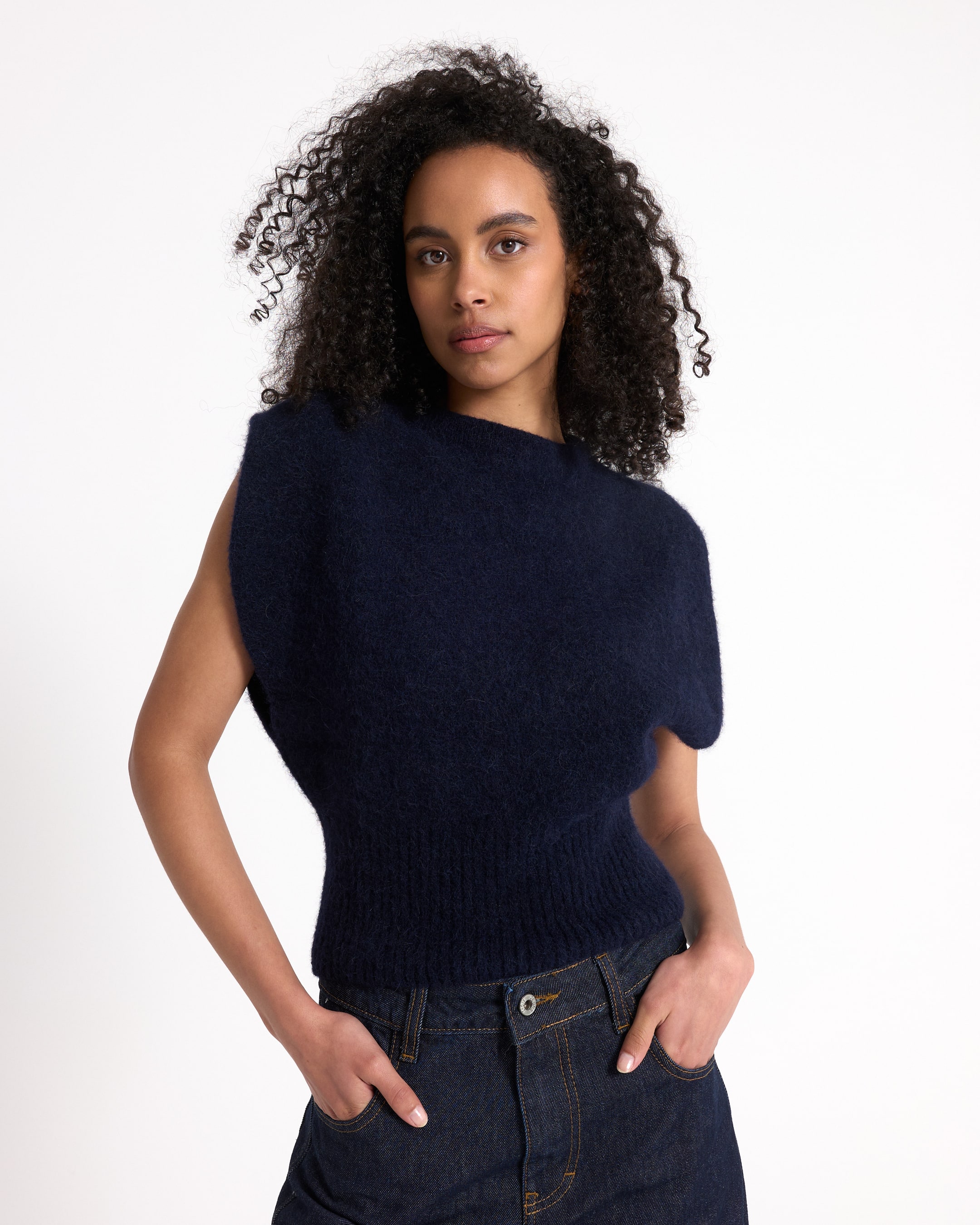 sweater, knit, navy, sleeveless, fashion top