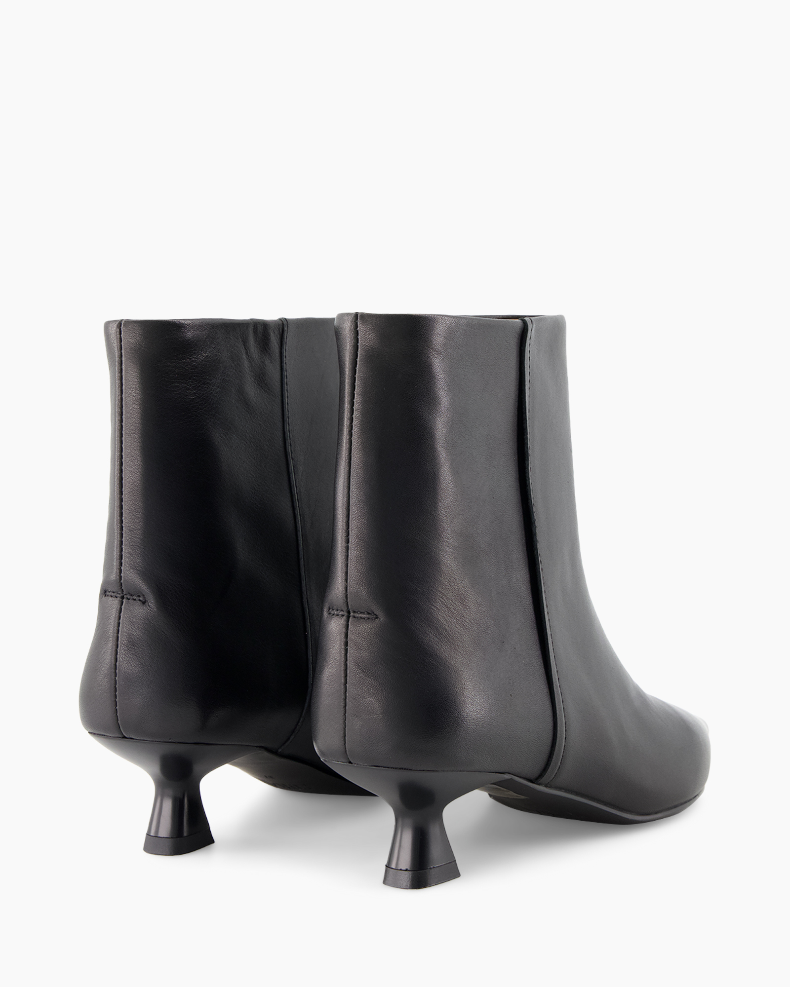 ankle boots, black leather, kitten heel, side zipper?, stitching detail
